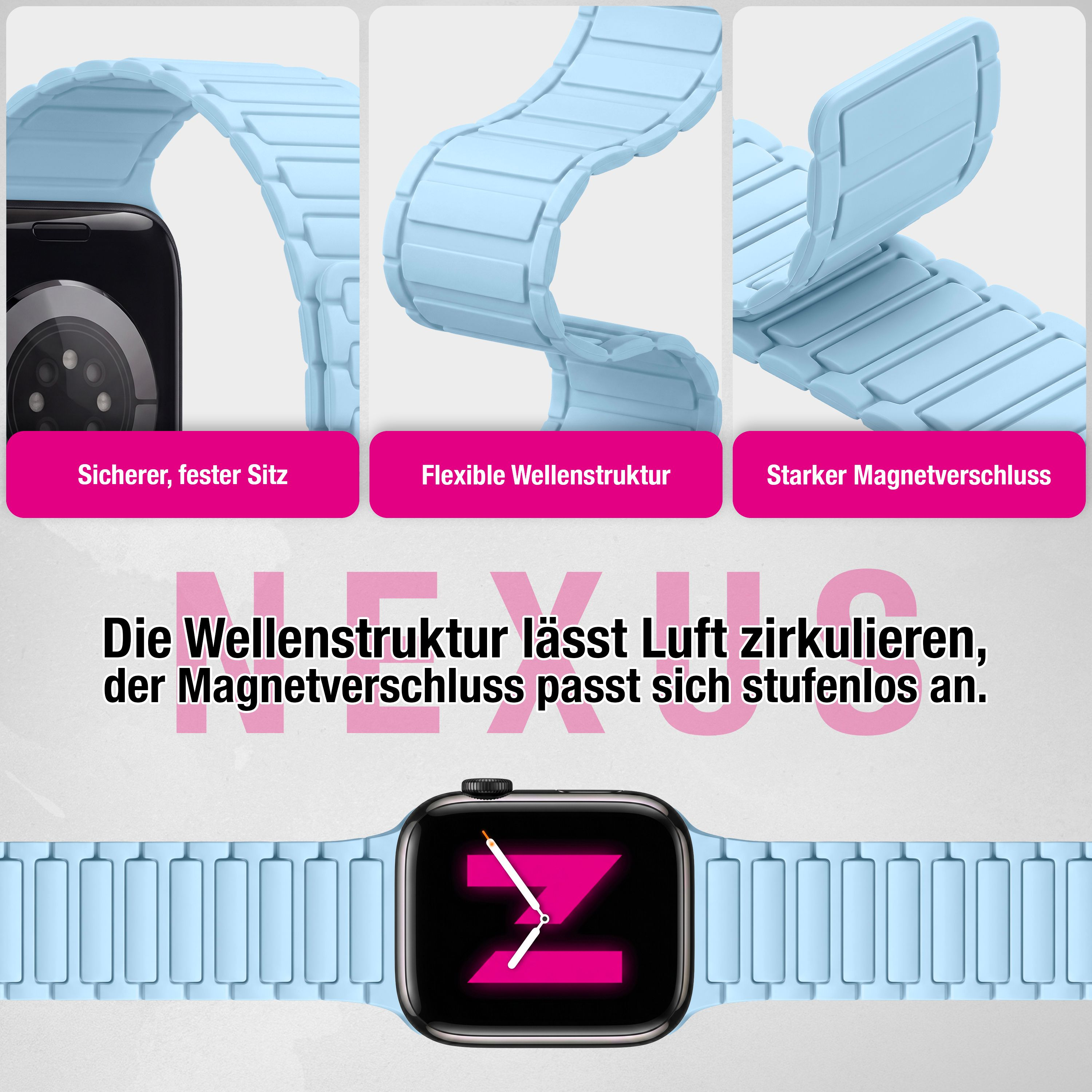 Hellblaues Smartwatch-Armband mit Wellenstruktur, starkem Magnetverschluss und sicherem Sitz.