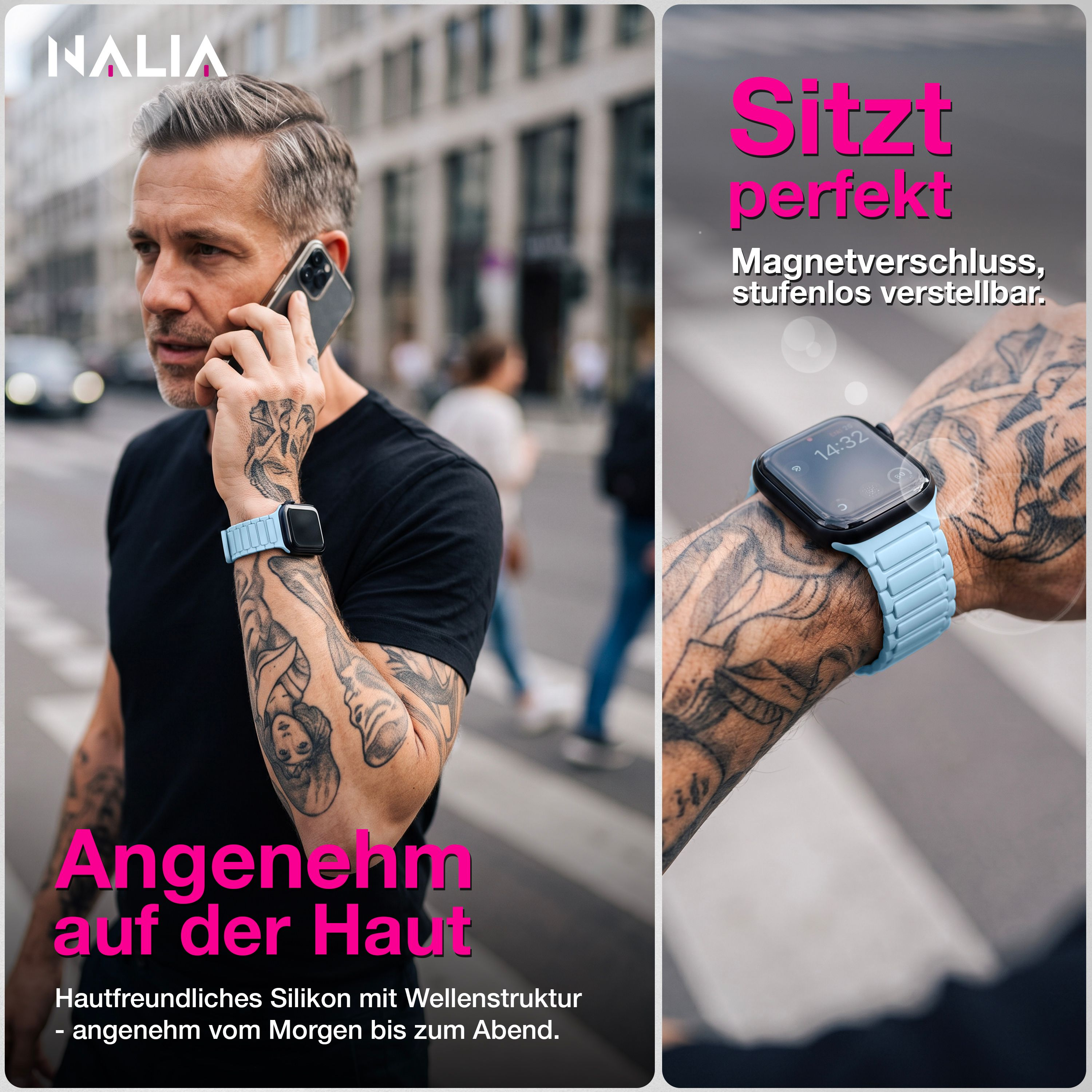 Ein tätowierter Mann in schwarzem Shirt und hellblauer Smartwatch telefoniert im Freien.