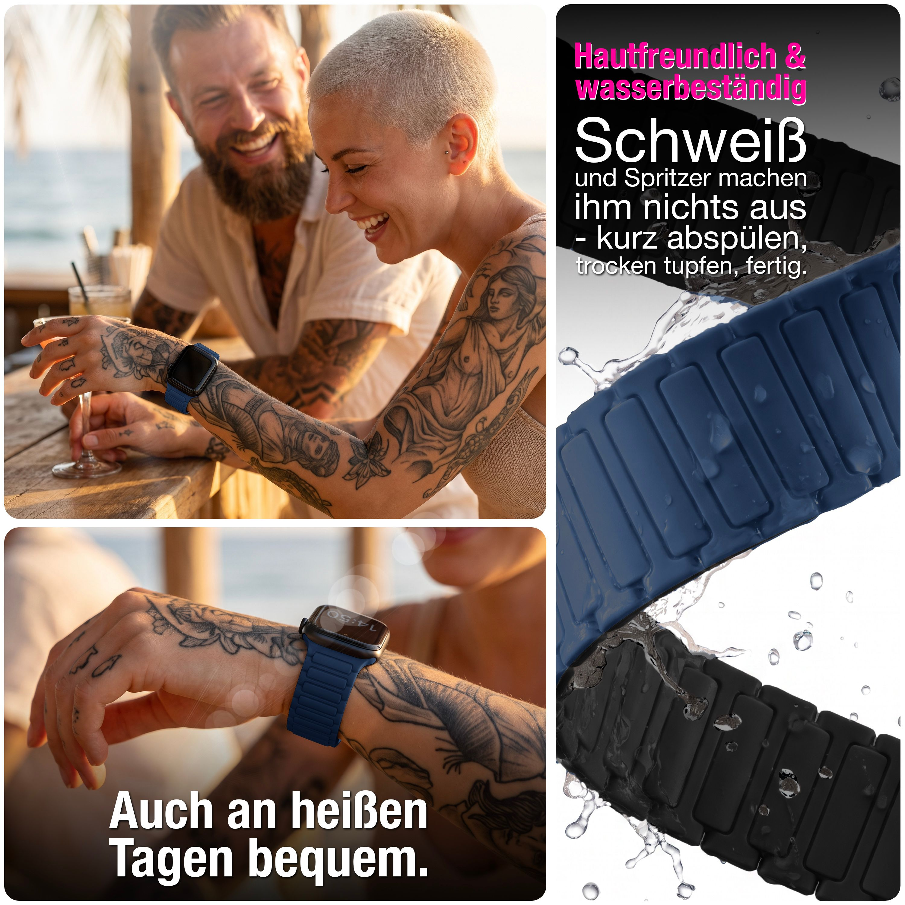 Ein Paar lächelt an einem Strand mit wasserfesten Smartwatch-Armbändern, umgeben von Wassertropfen.