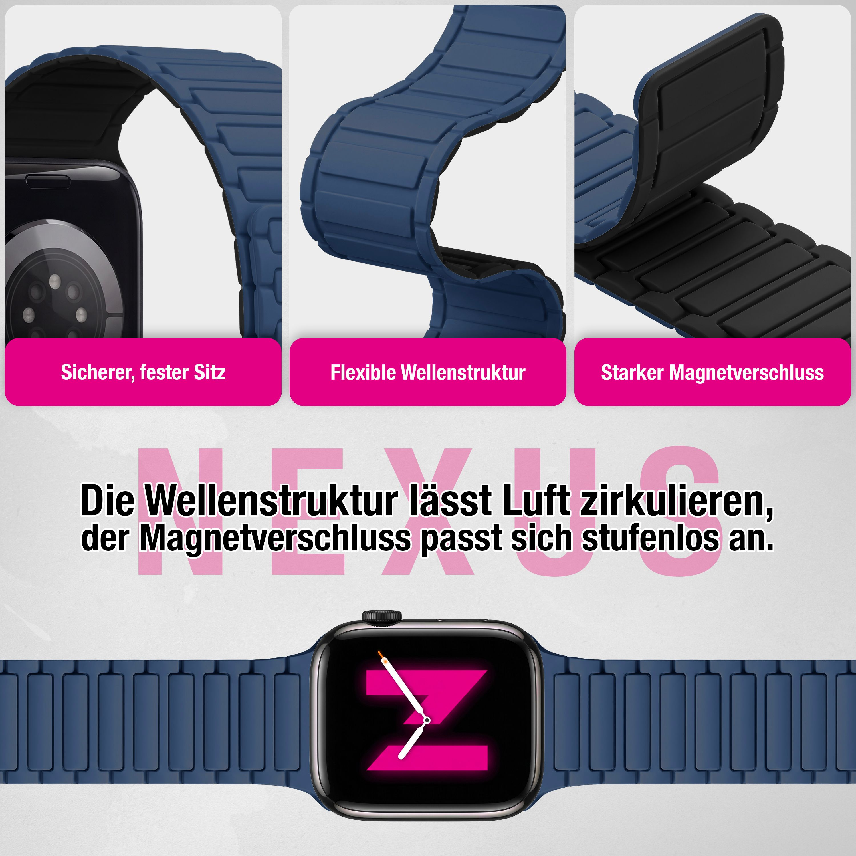 Blaue Smartwatch mit magnetischem Wellenarmband und Text über Eigenschaften.