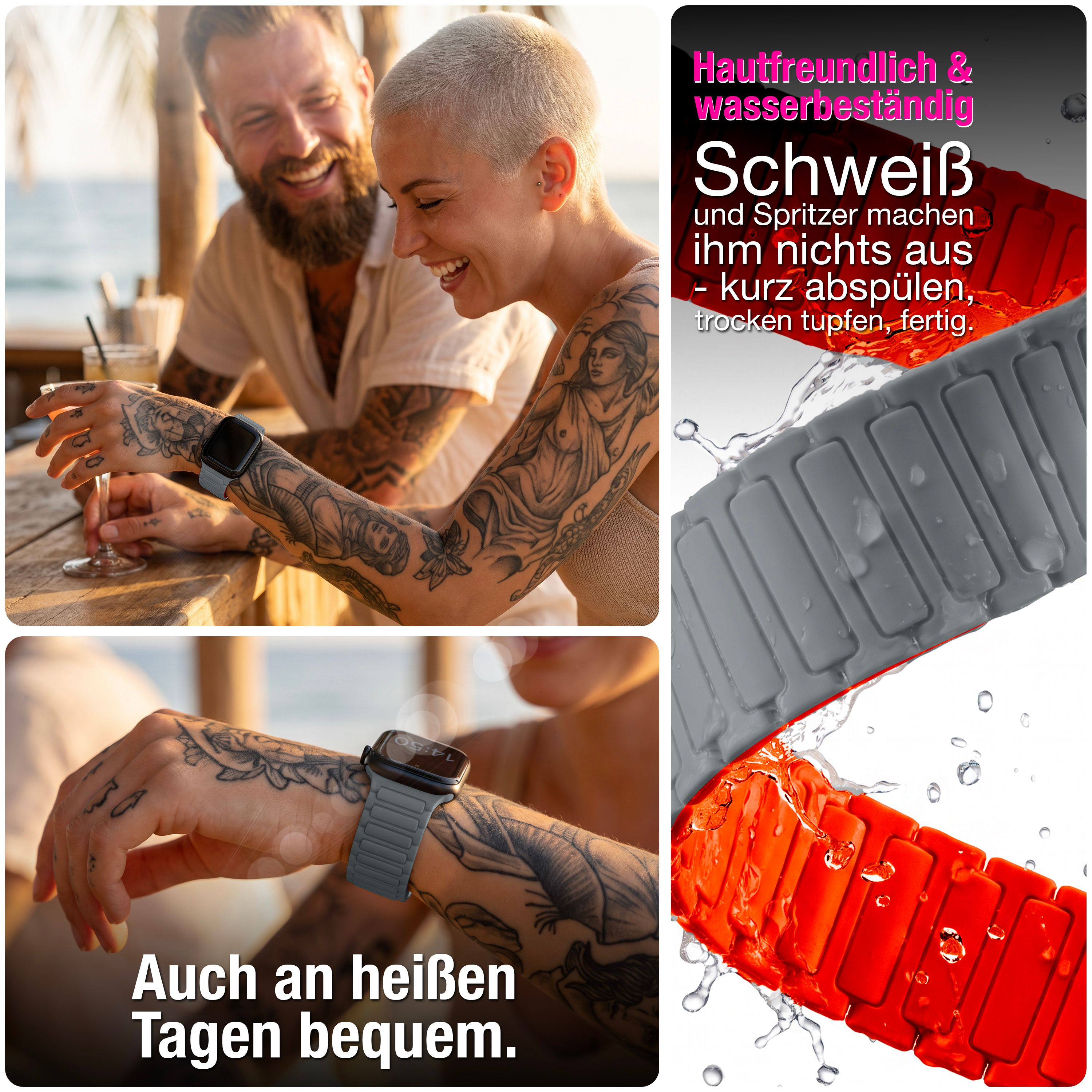 Paar mit Tattoos sitzt am Strand, Detailansicht von grauen und roten Silikon-Uhrenarmbändern im Wasser.