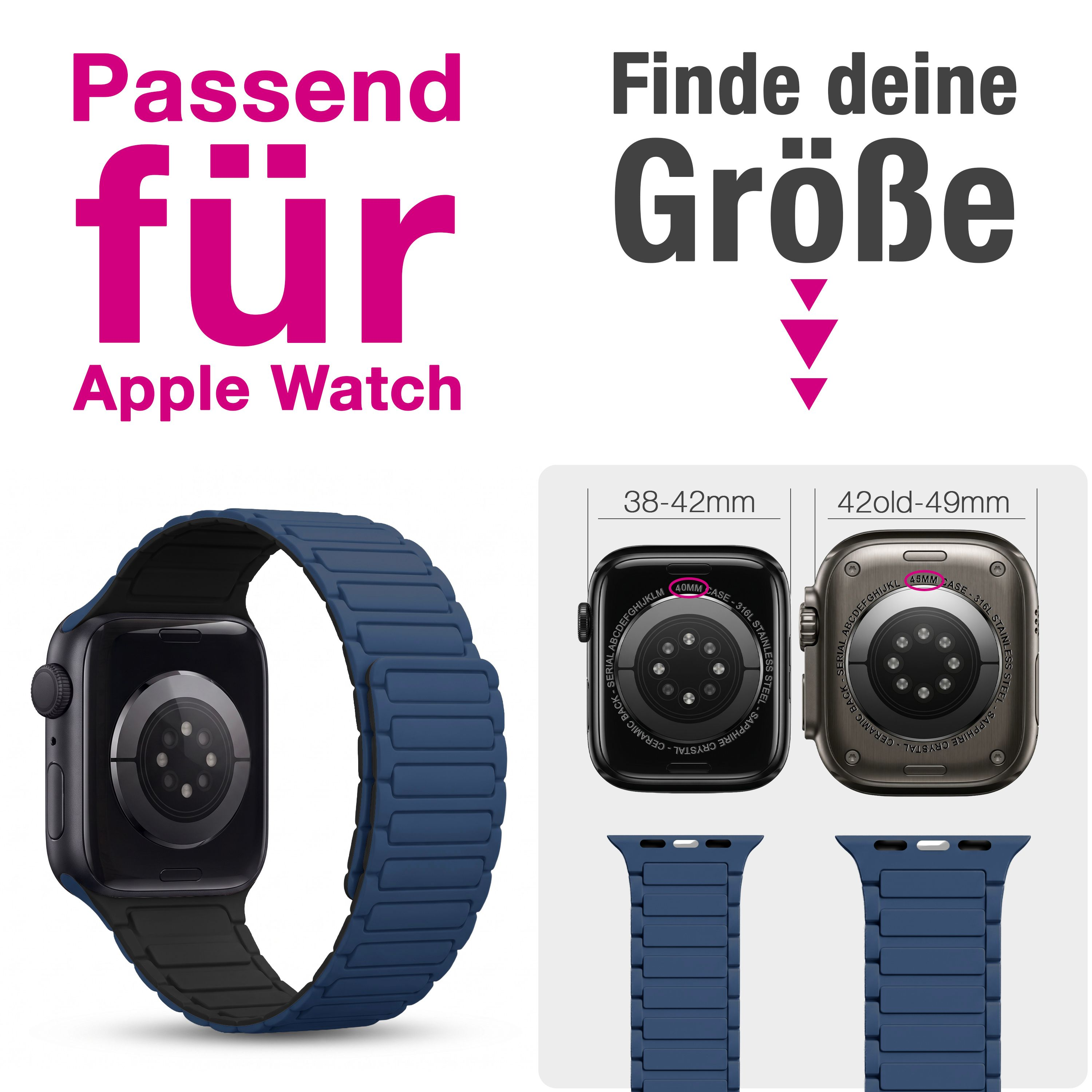 Apple Watch Silikonarmband, blau, mit Größentabelle für verschiedene Modelle.