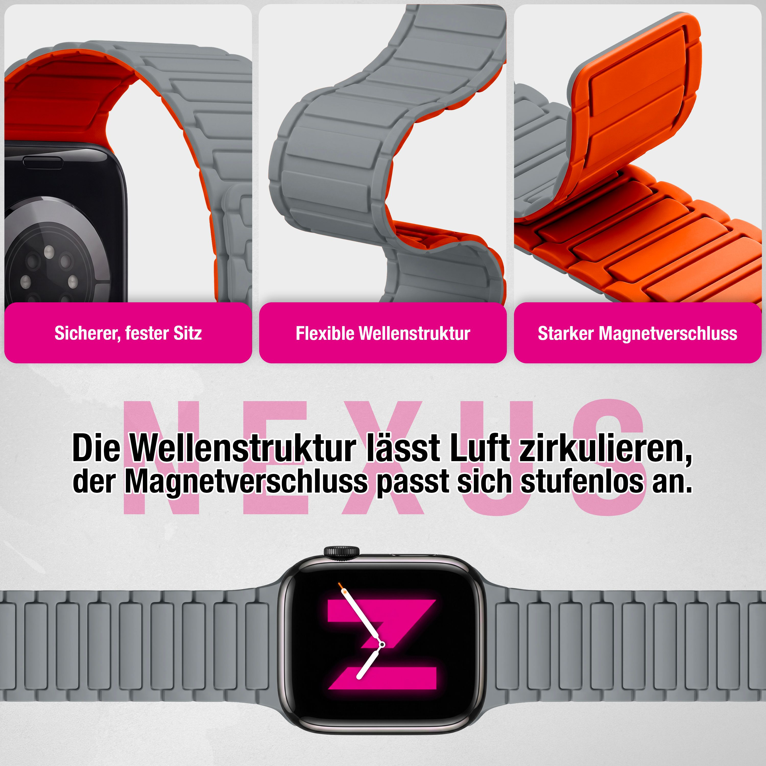Grau-oranger Silikonarmband mit Magnetverschluss und Wellenstruktur für Smartwatches.
