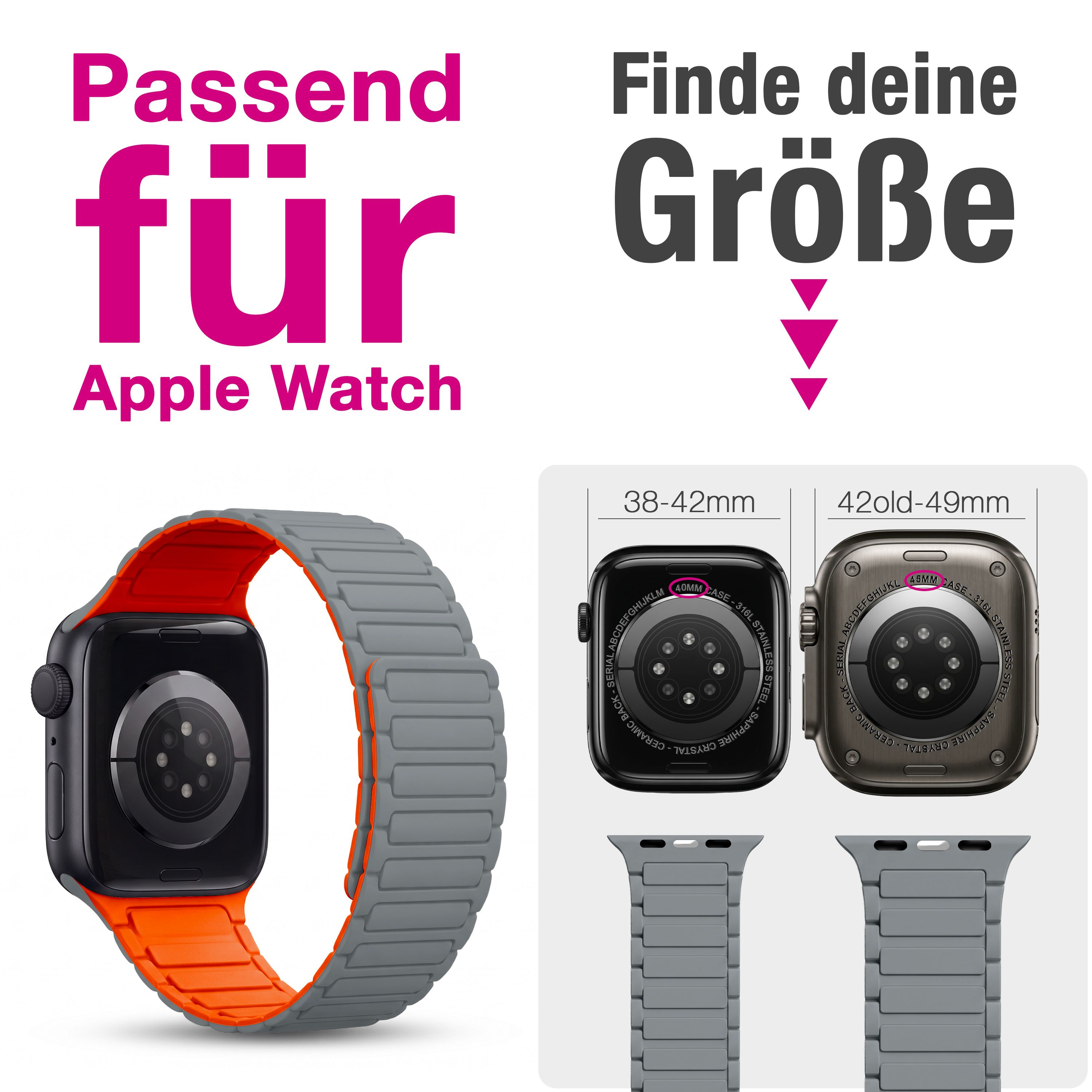 Apple Watch mit grau-oranger Silikonarmband, dazu Größentabelle für 38-49mm Gehäuse.