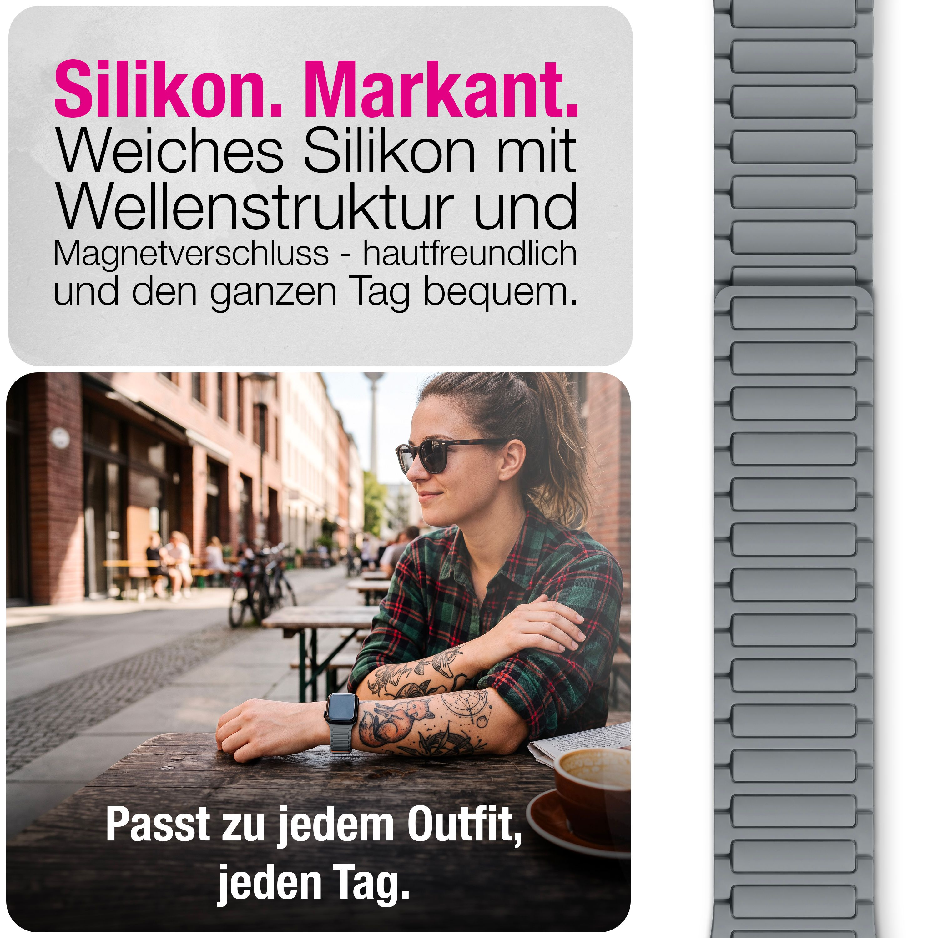 Frau sitzt an einem Straßencafé mit Smartwatch und Kaffeetasse, daneben ist ein graues Silikonarmband abgebildet.
