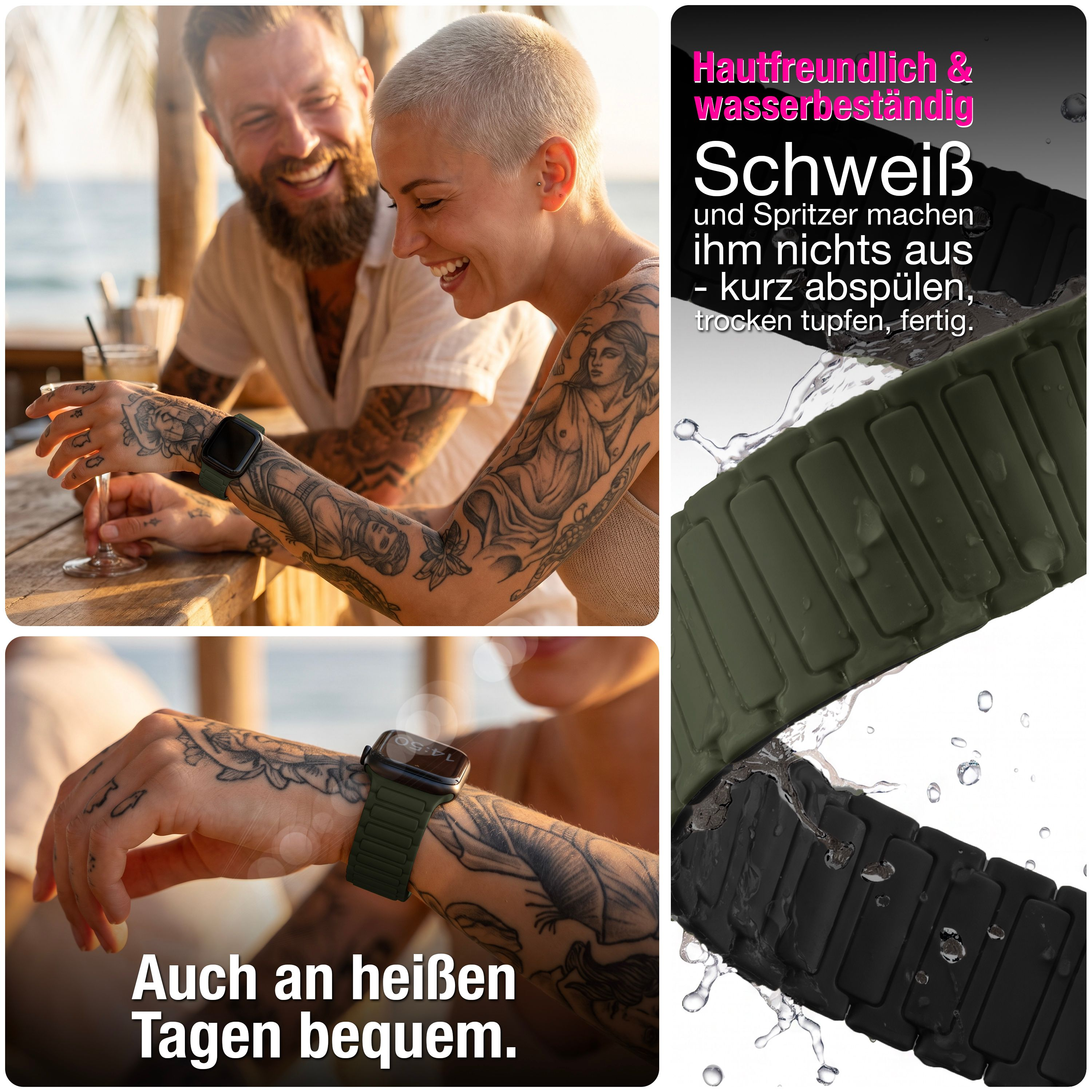 Wasserbeständiges, grünes Smartwatch-Armband wird von einem Paar mit Tattoos am Strand gezeigt.