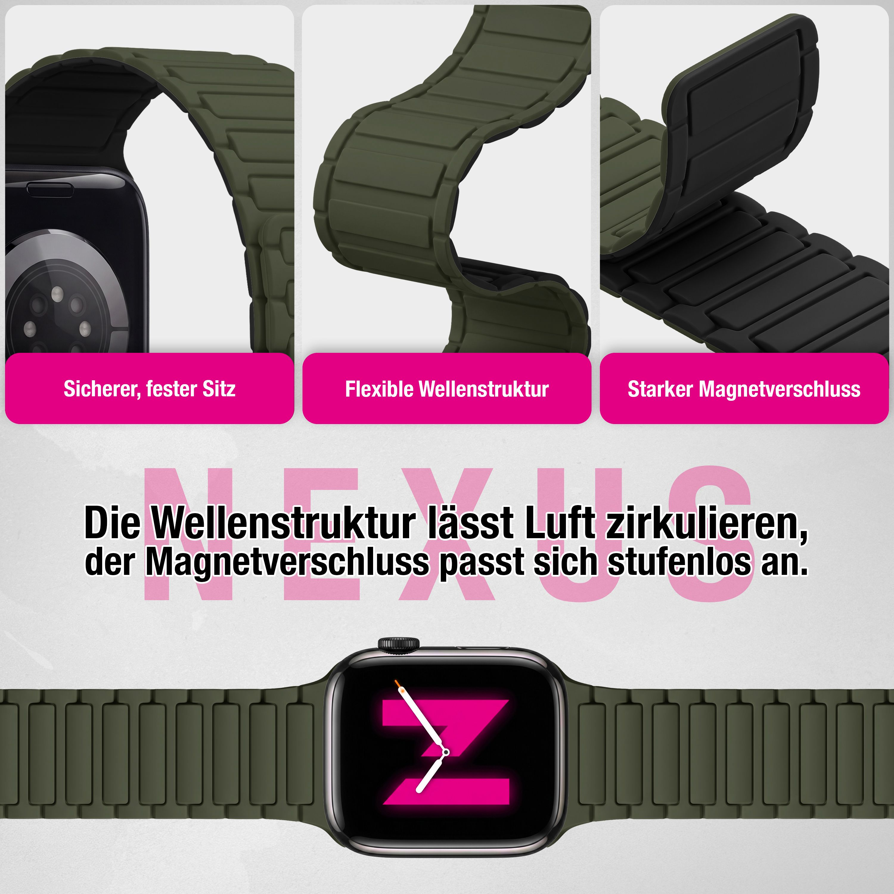Grünes Smartwatch-Armband mit Wellenstruktur und starkem Magnetverschluss für sicheren Halt.