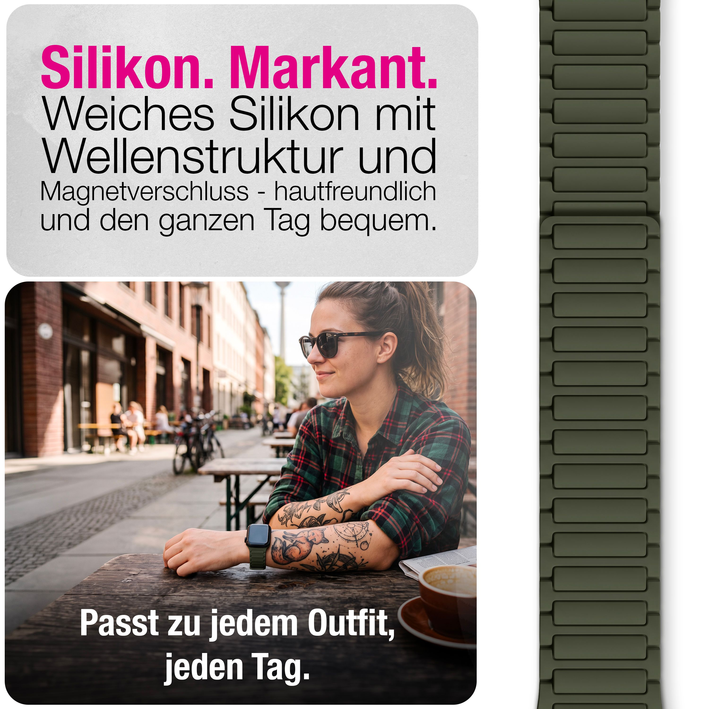 Frau mit kariertem Hemd und Tattoos sitzt im Straßencafe neben einem grünen Silikon-Uhrenarmband.