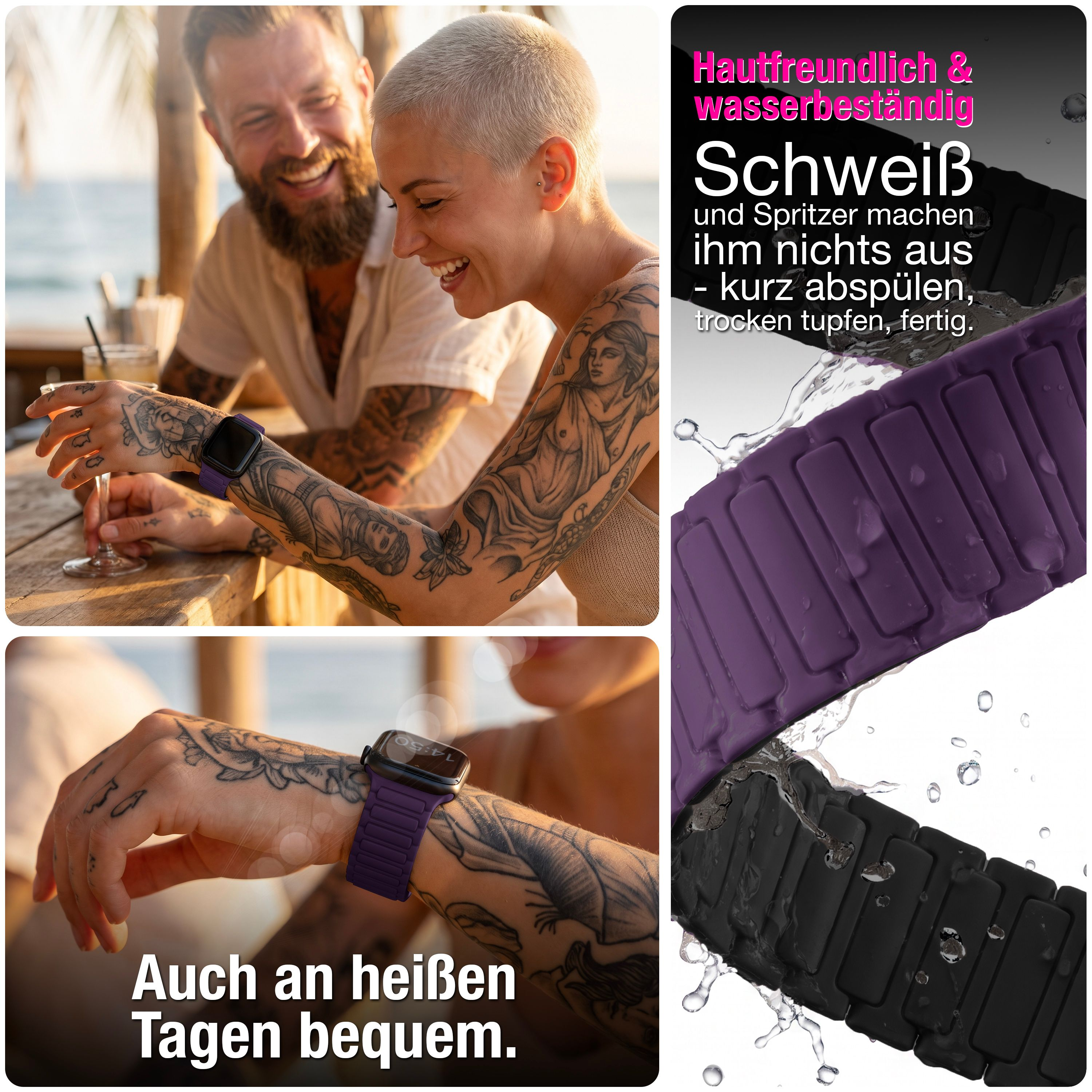 Ein glückliches Paar mit Tattoos zeigt lila und schwarze Smartwatch-Armbänder im Wasser.