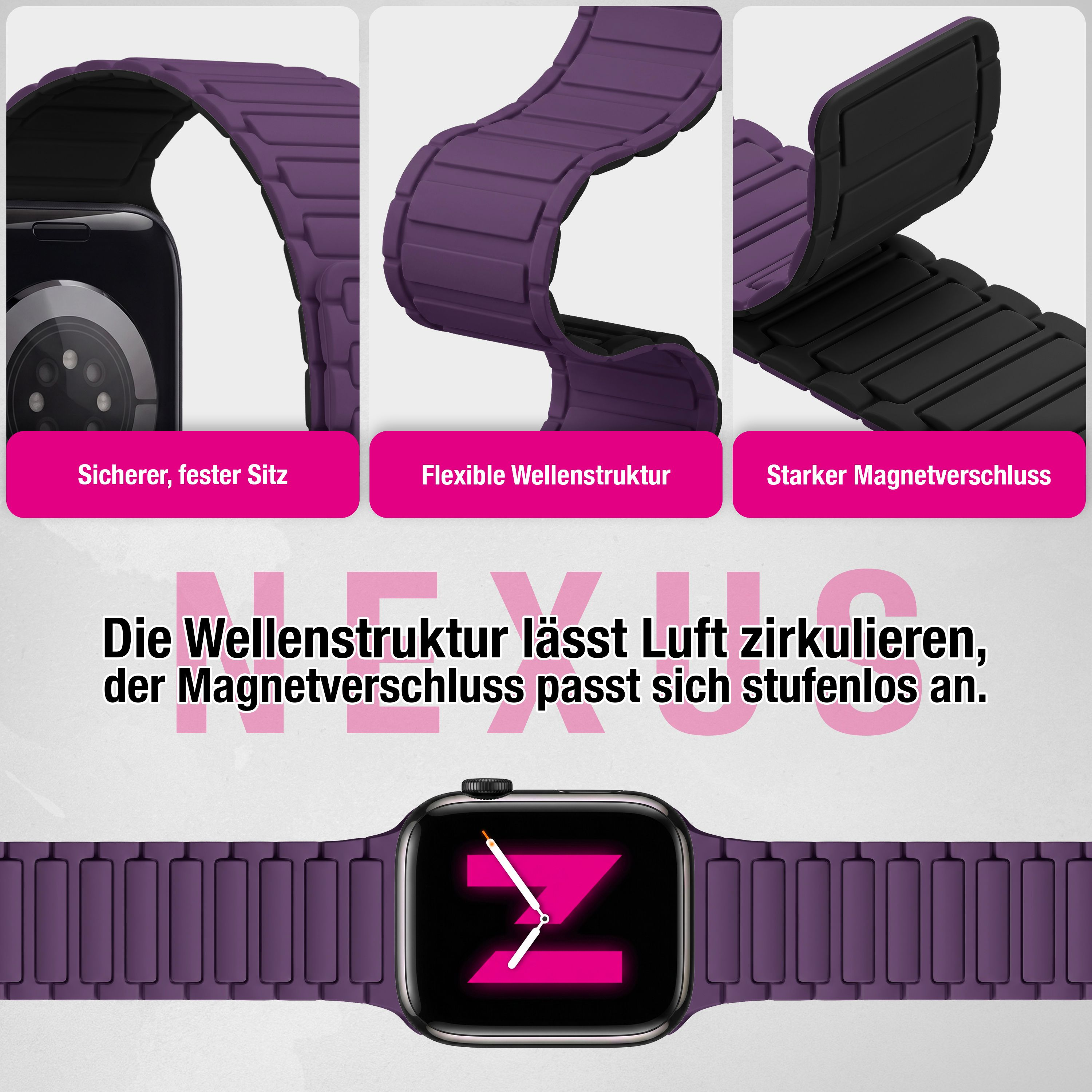 Violettes Smartwatch-Armband mit Wellenstruktur und starkem Magnetverschluss.
