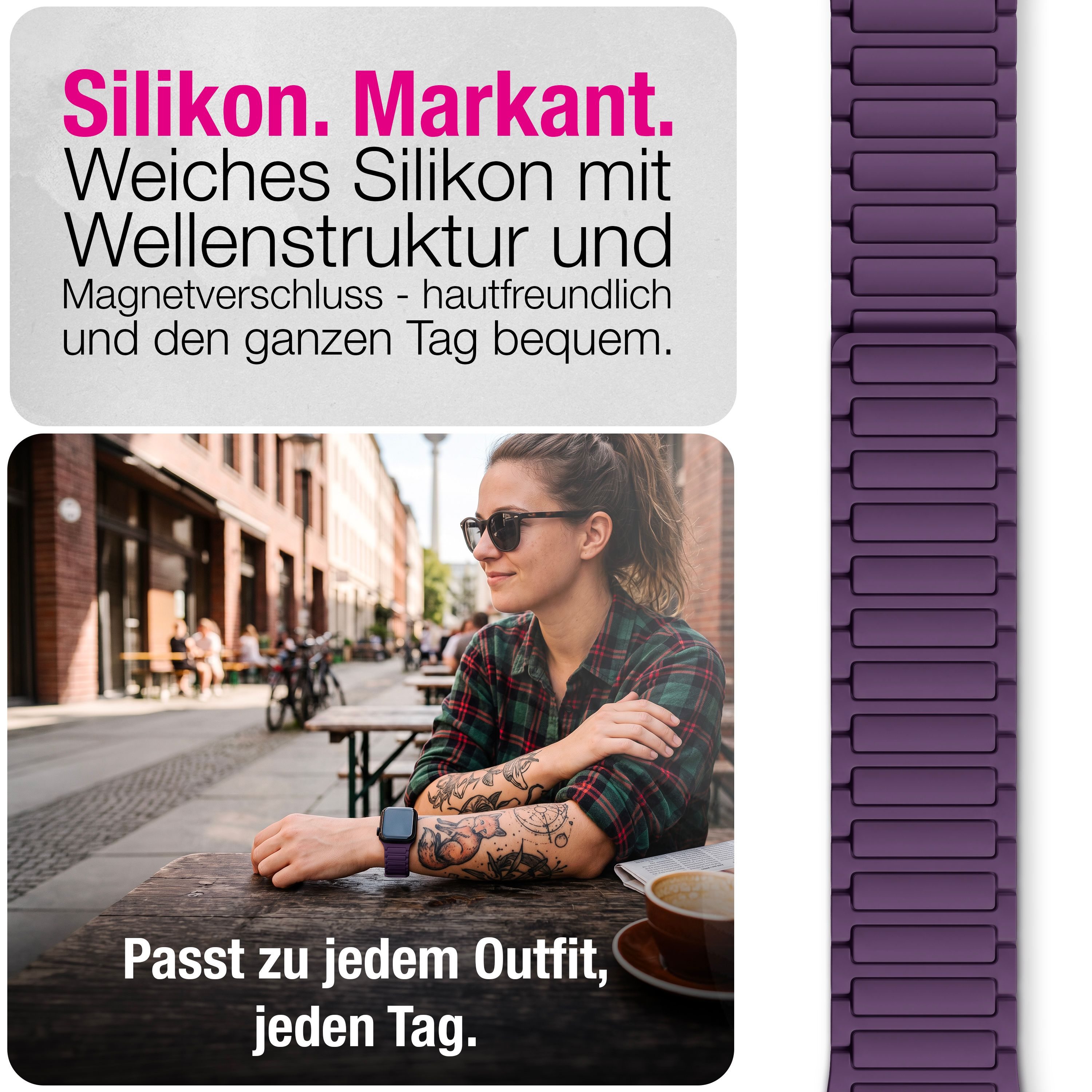 Eine Frau sitzt in einem Straßencafé mit lila Smartwatch-Armband daneben Text über Silikon.