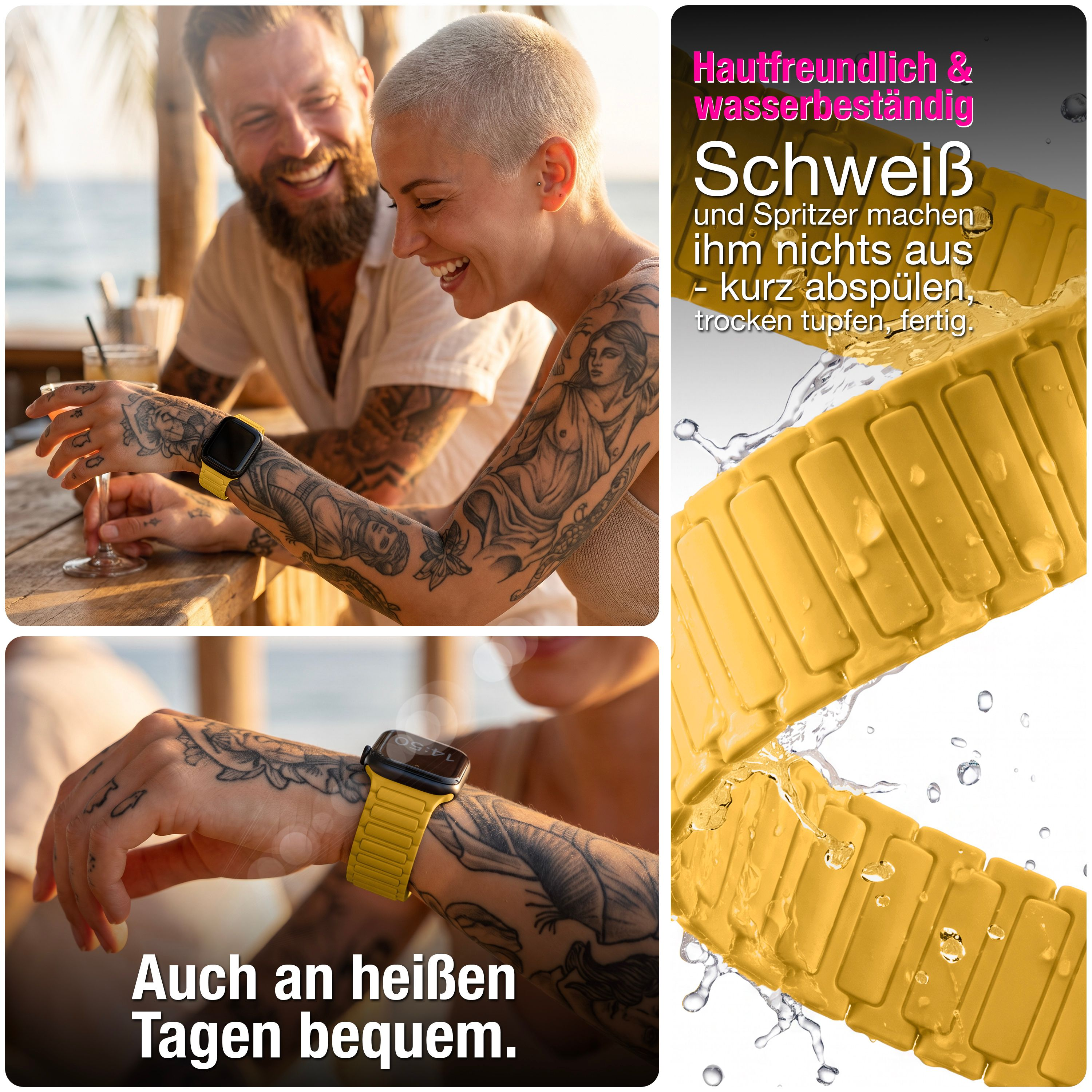 Ein tätowiertes Paar sitzt am Strand, eine Frau trägt eine gelbe Smartwatch. Rechts ist ein gelbes Armband in Wasser.