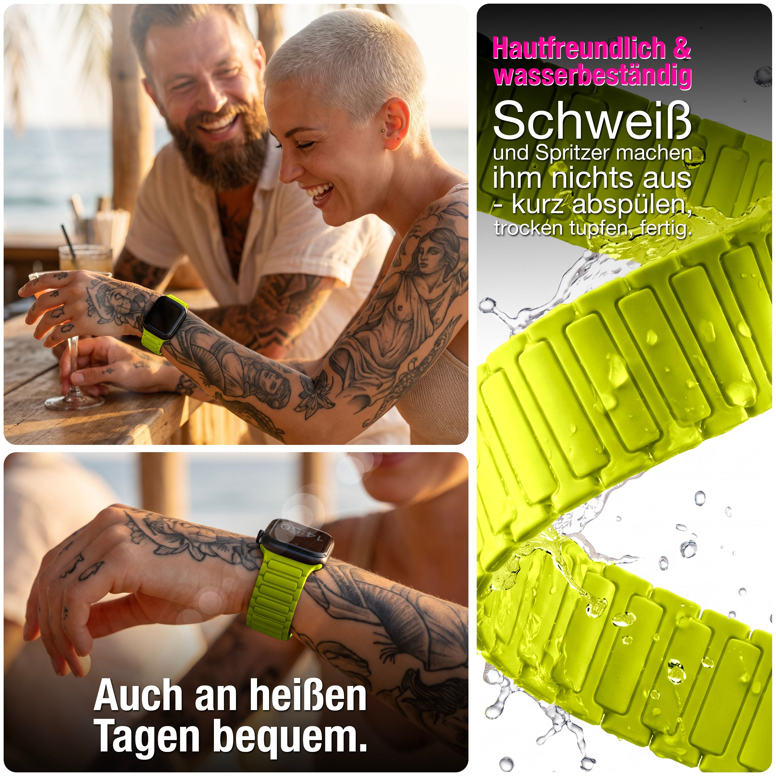 Tattoosierte Personen tragen eine grüne Smartwatch am Handband, beworben mit Hautfreundlichkeit und Wasserbeständigkeit.