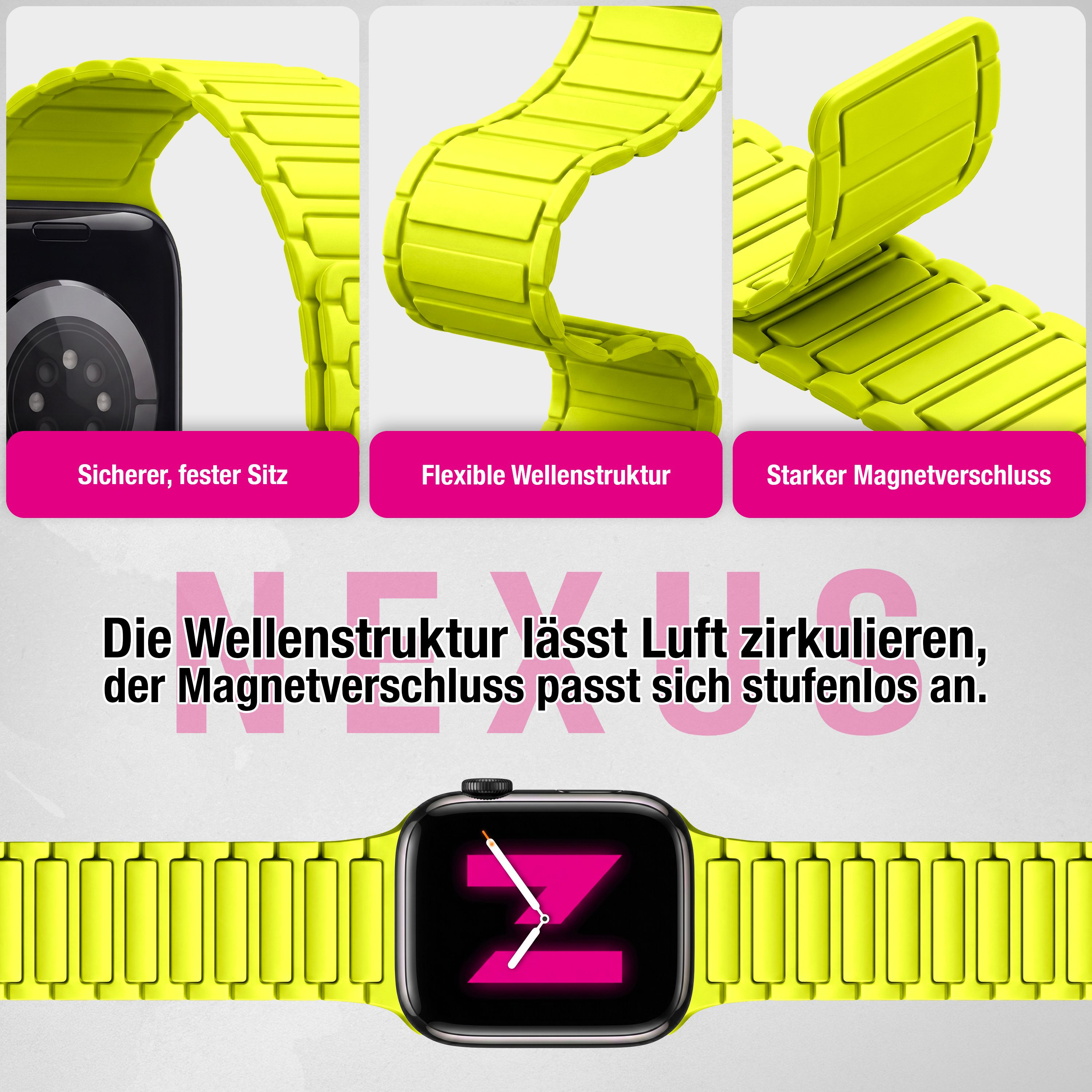 Helles gelbes Magnet-Uhrenarmband mit sicherem Halt, flexibler Wellenstruktur und starkem Magnetverschluss.