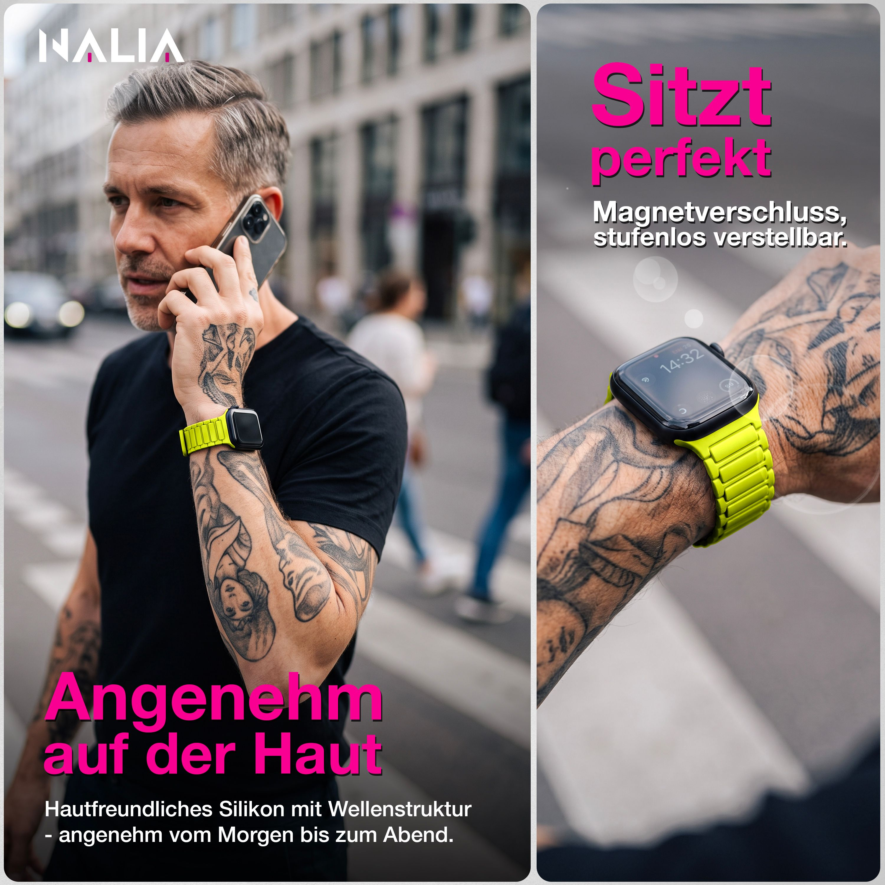 Ein Mann telefoniert auf der Straße und trägt eine Smartwatch mit neonkaltem Silikonarmband.