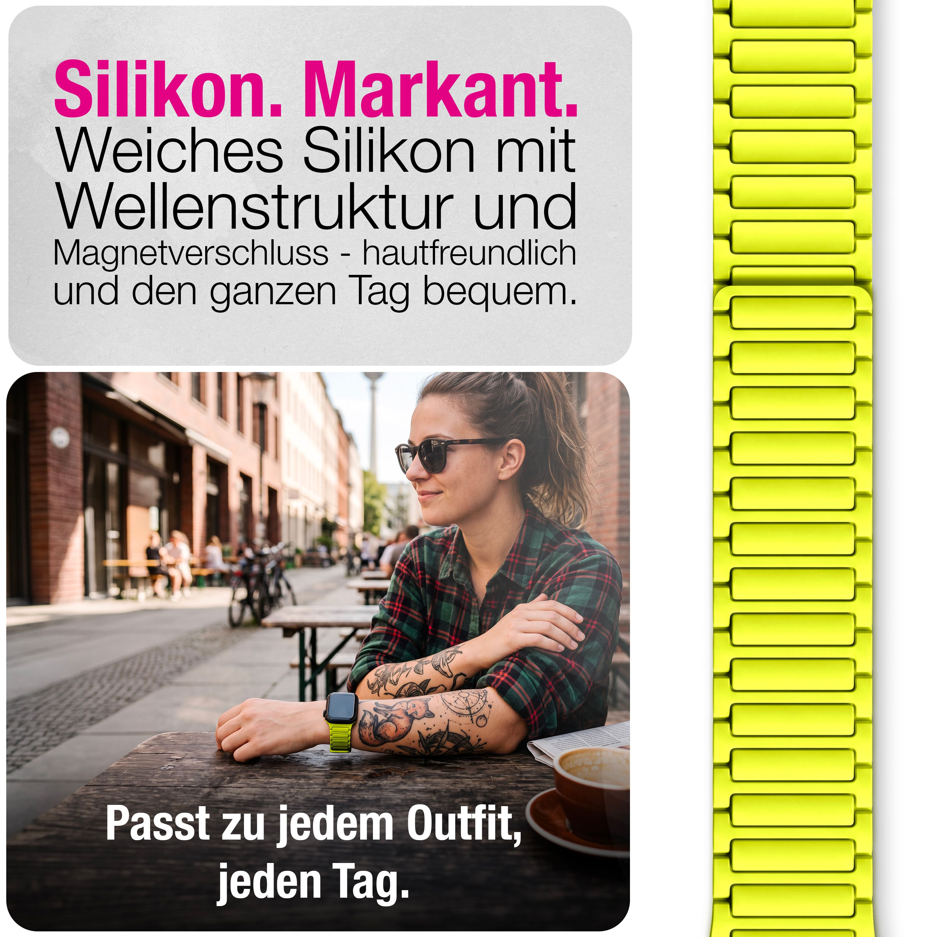 Frau sitzt im Straßencafé mit Smartwatch und leuchtend gelbem Silikonarmband.