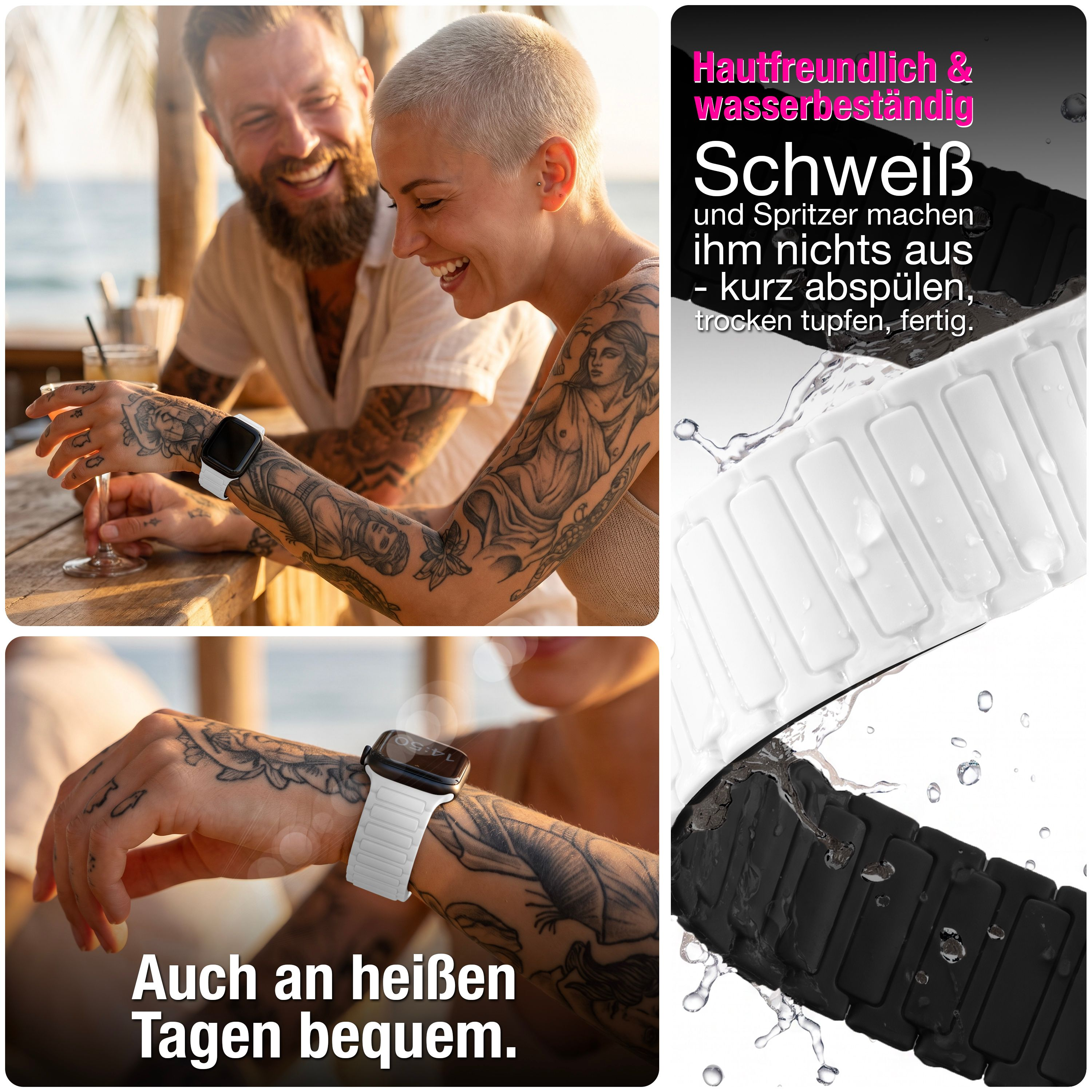 Ein Tattoo-Paar am Strand, nahaufnahme von wasserfesten Silikon-Uhrenarmbändern in Weiß und Schwarz.