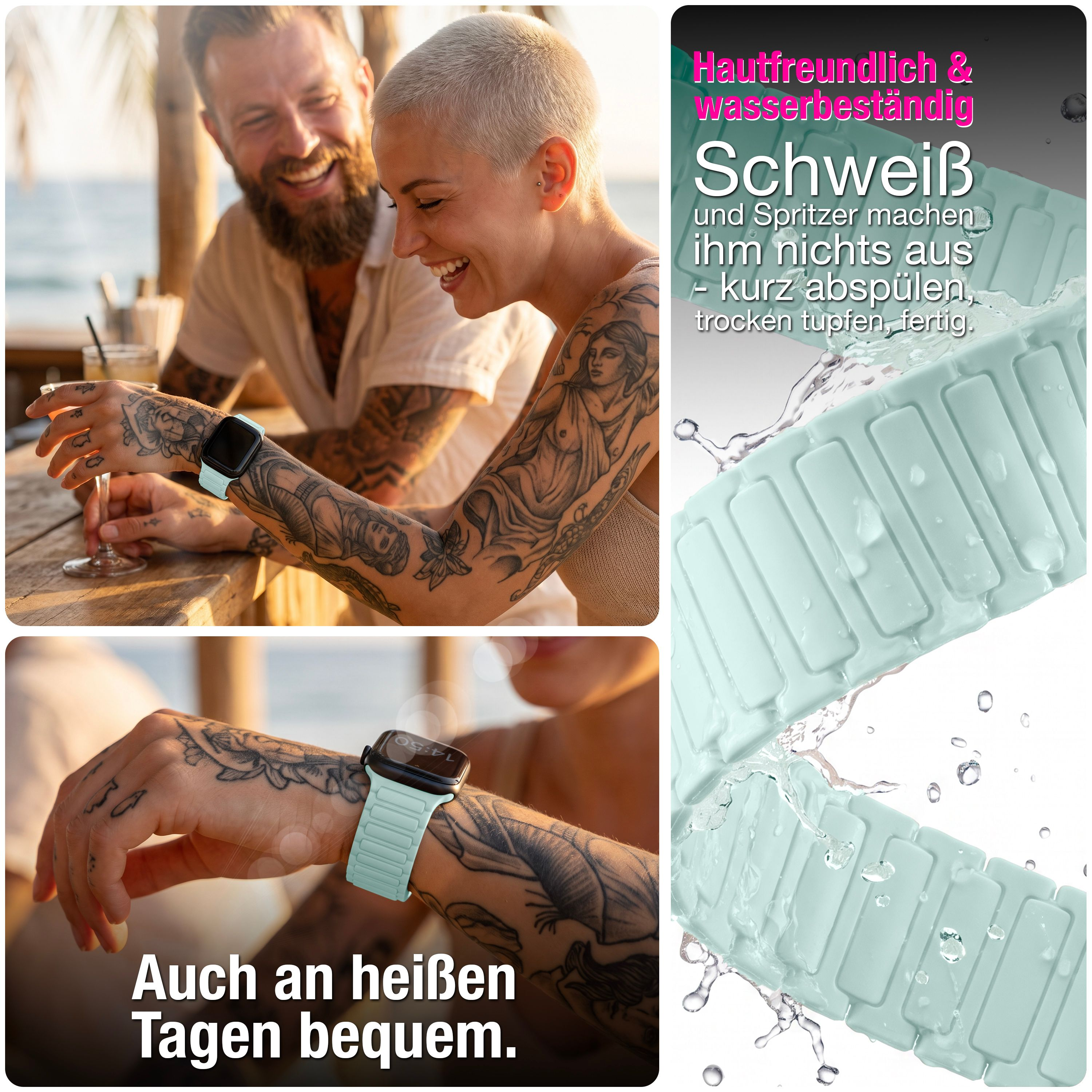 Eine tätowierte Frau trägt ein mintgrünes Smartwatch-Armband, während sie mit einem Mann an einem Strand sitzt.