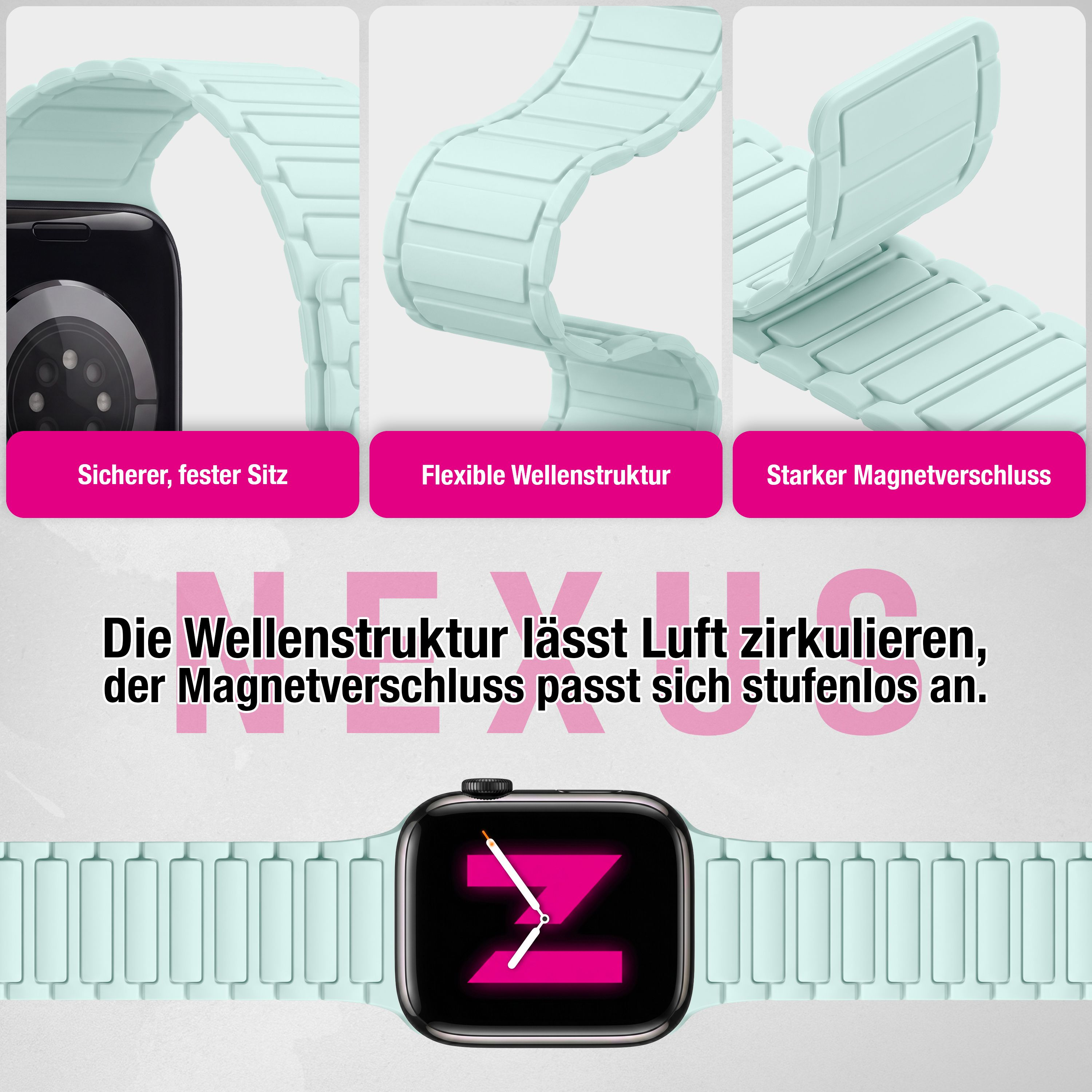 Hellgrünes Silikon-Uhrenarmband mit Magnetverschluss, Wellenstruktur und deutscher Produktwerbung.