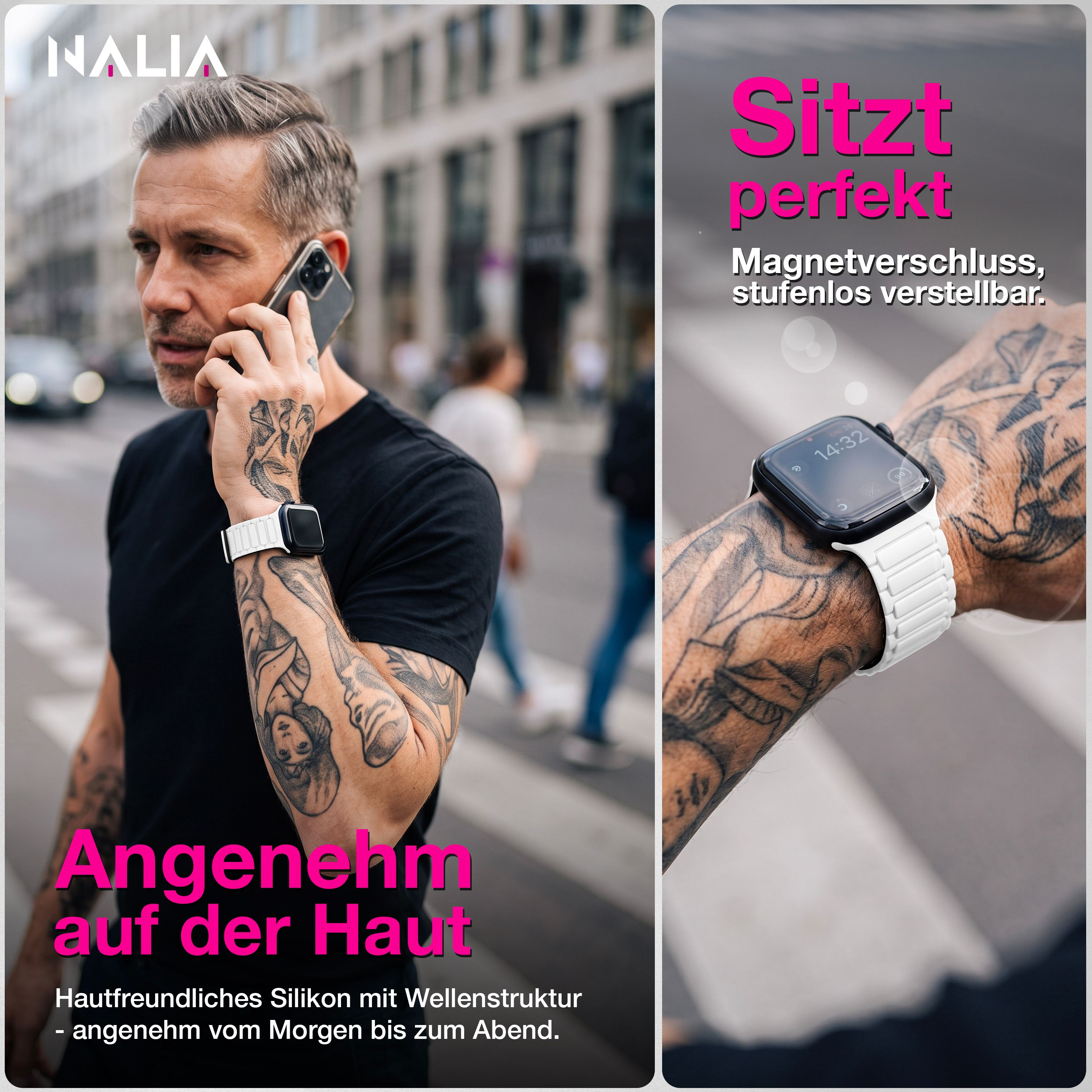 Ein tätowierter Mann mit schwarzem T-Shirt und weißer Smartwatch telefoniert im Freien.