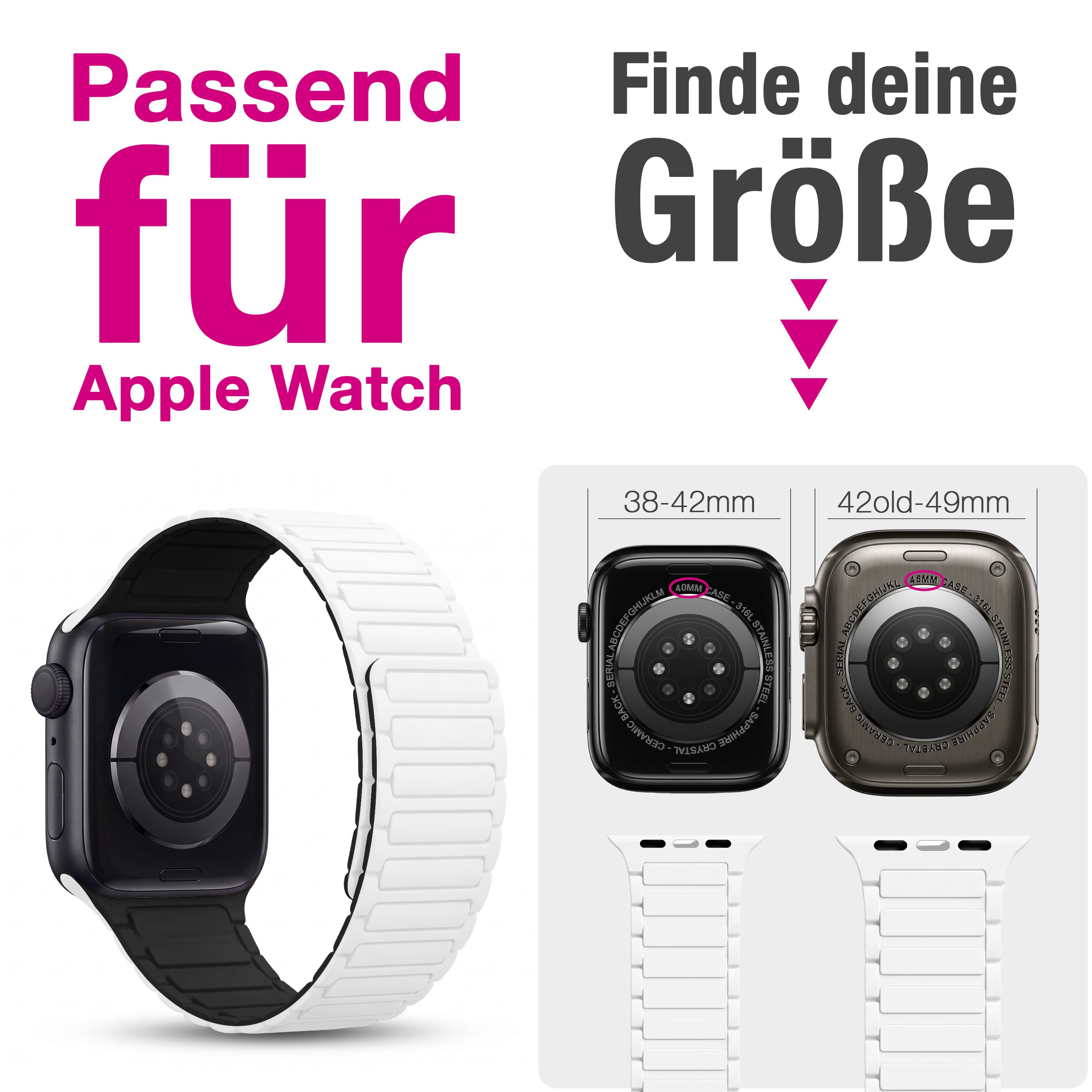 Größentabelle für Apple Watch Armbänder mit Maßen 38-42mm und 42old-49mm sowie weißem Armband.