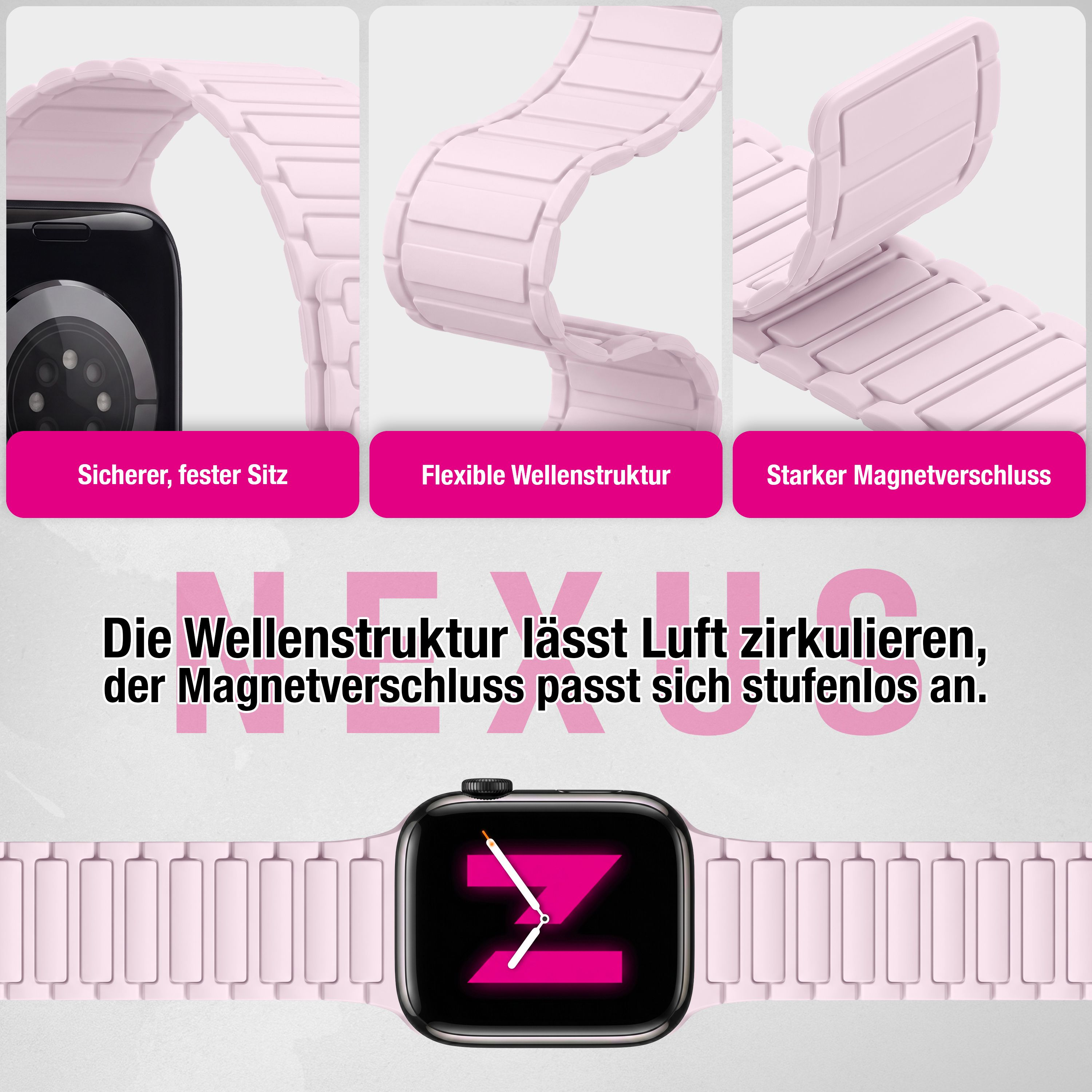 Rosa Silikon-Uhrenarmband mit Magnetverschluss, flexibler Wellenstruktur und deutscher Produktbeschreibung.