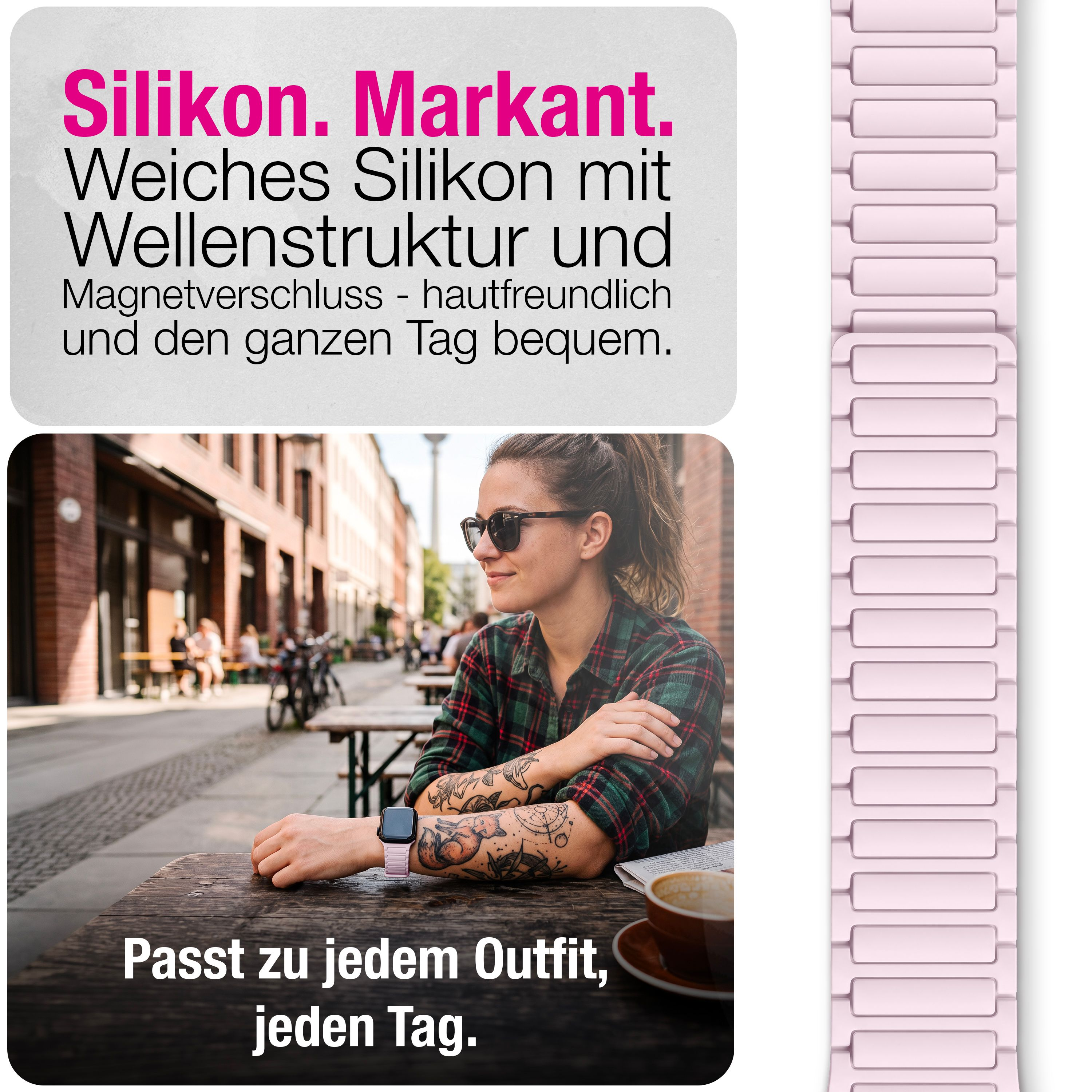 Eine Frau mit Sonnenbrille und Smartwatch sitzt an einem Tisch outdoors mit einem rosa Silikon-Uhrenarmband daneben.