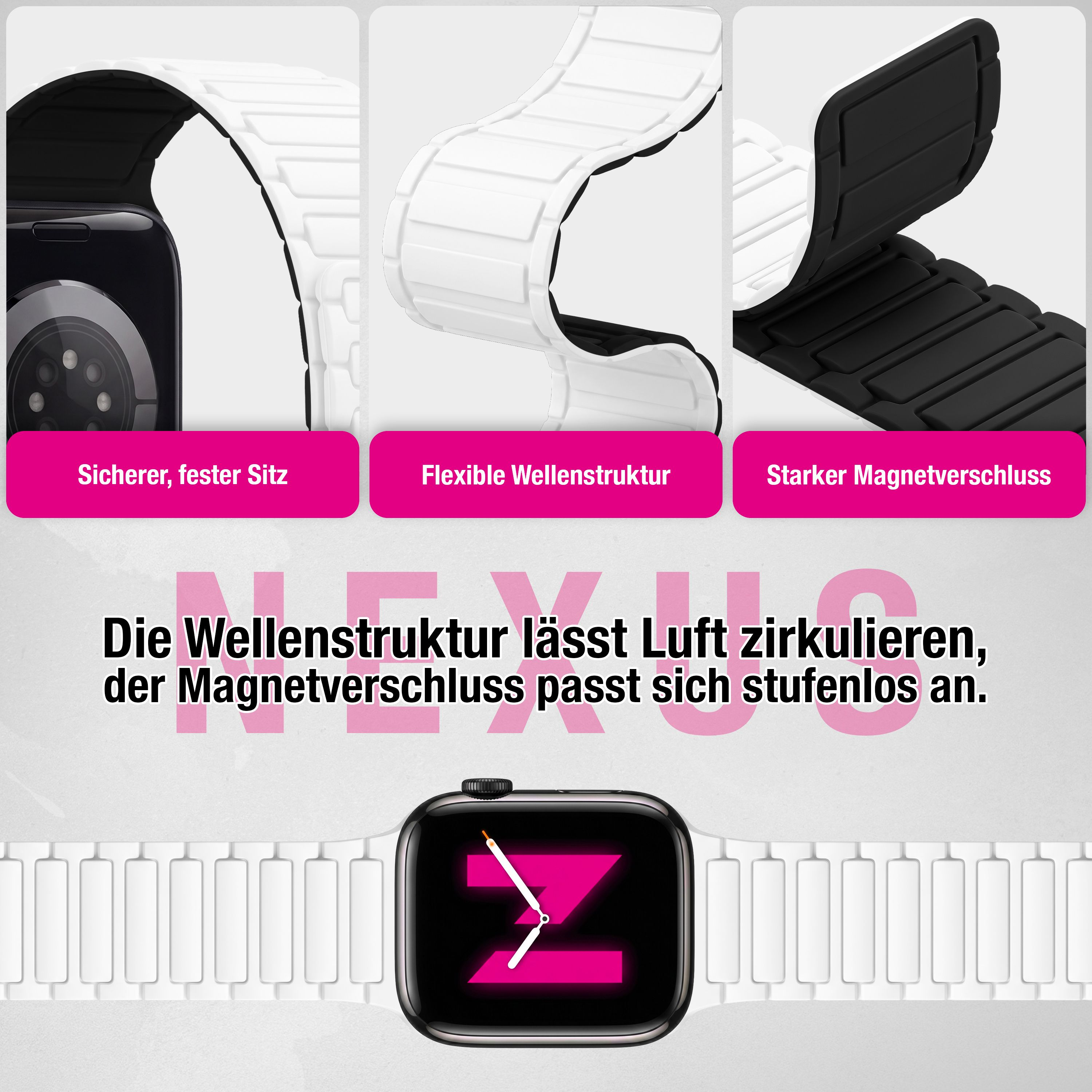 Weißes Smartwatch-Armband mit Wellenstruktur, starkem Magnetverschluss und sicherem Sitz.