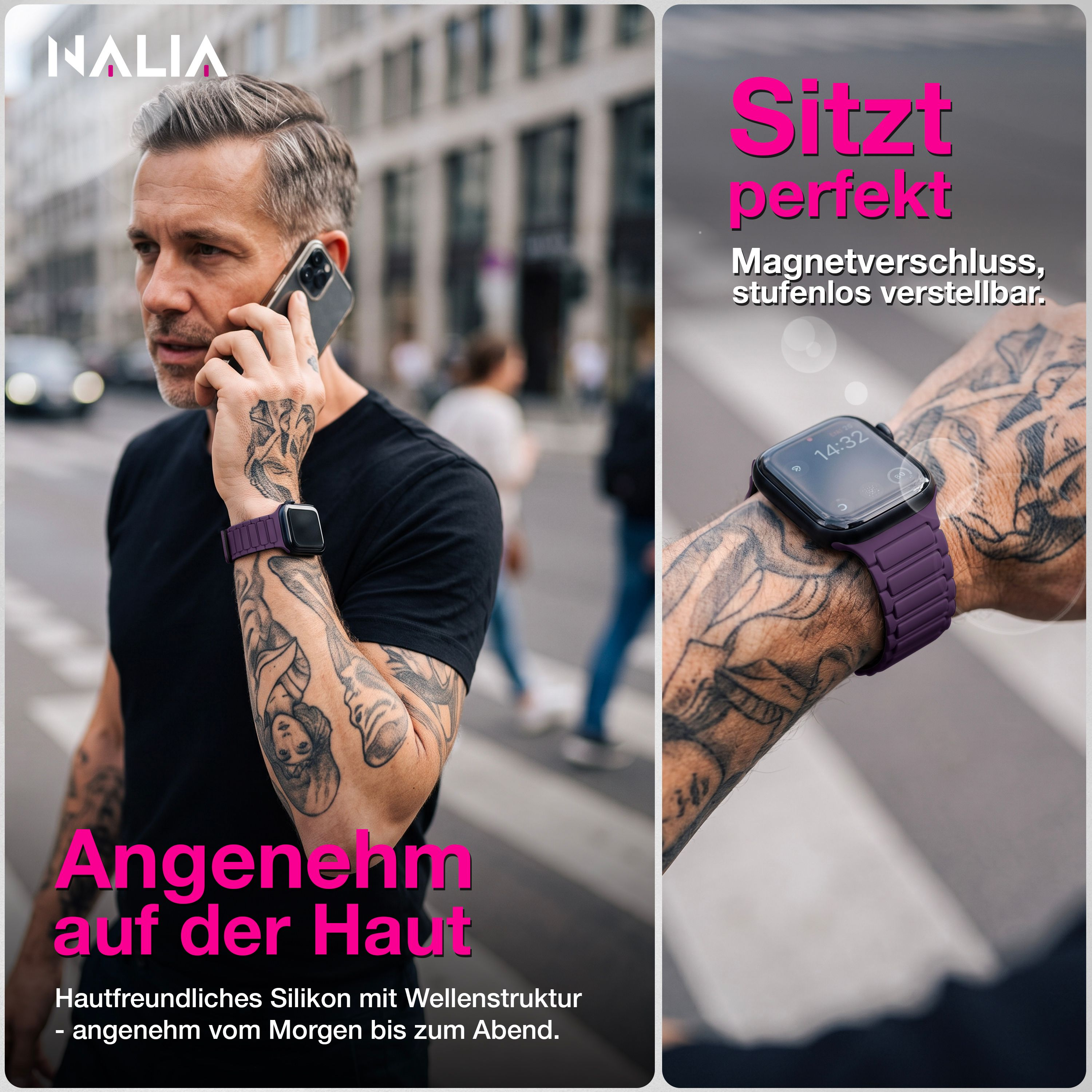 Tätowierter Mann telefoniert, mit violetter Smartwatch und Armband.