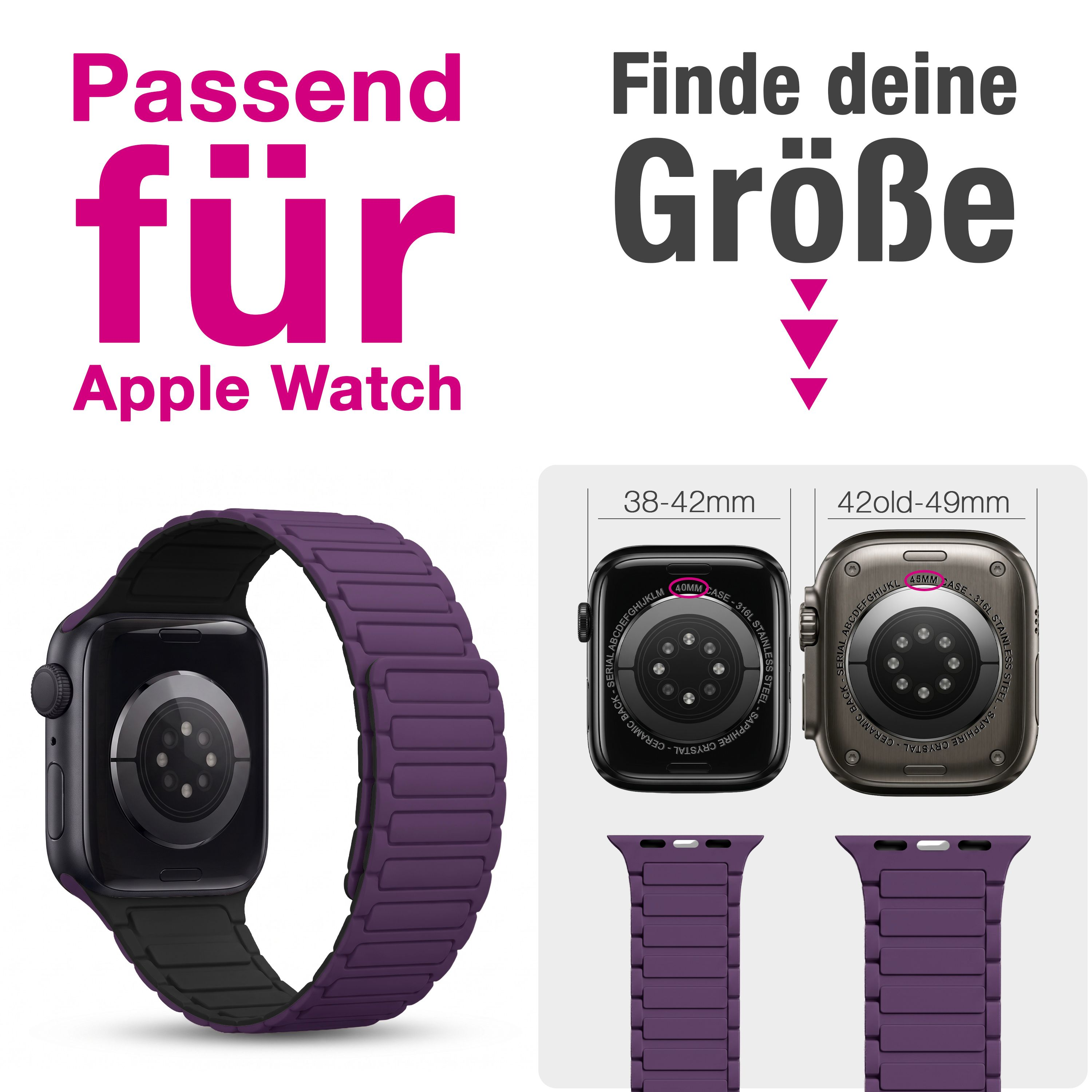 Grössenübersicht für Apple Watch Armbänder in Violett mit zwei Uhrengrössen.