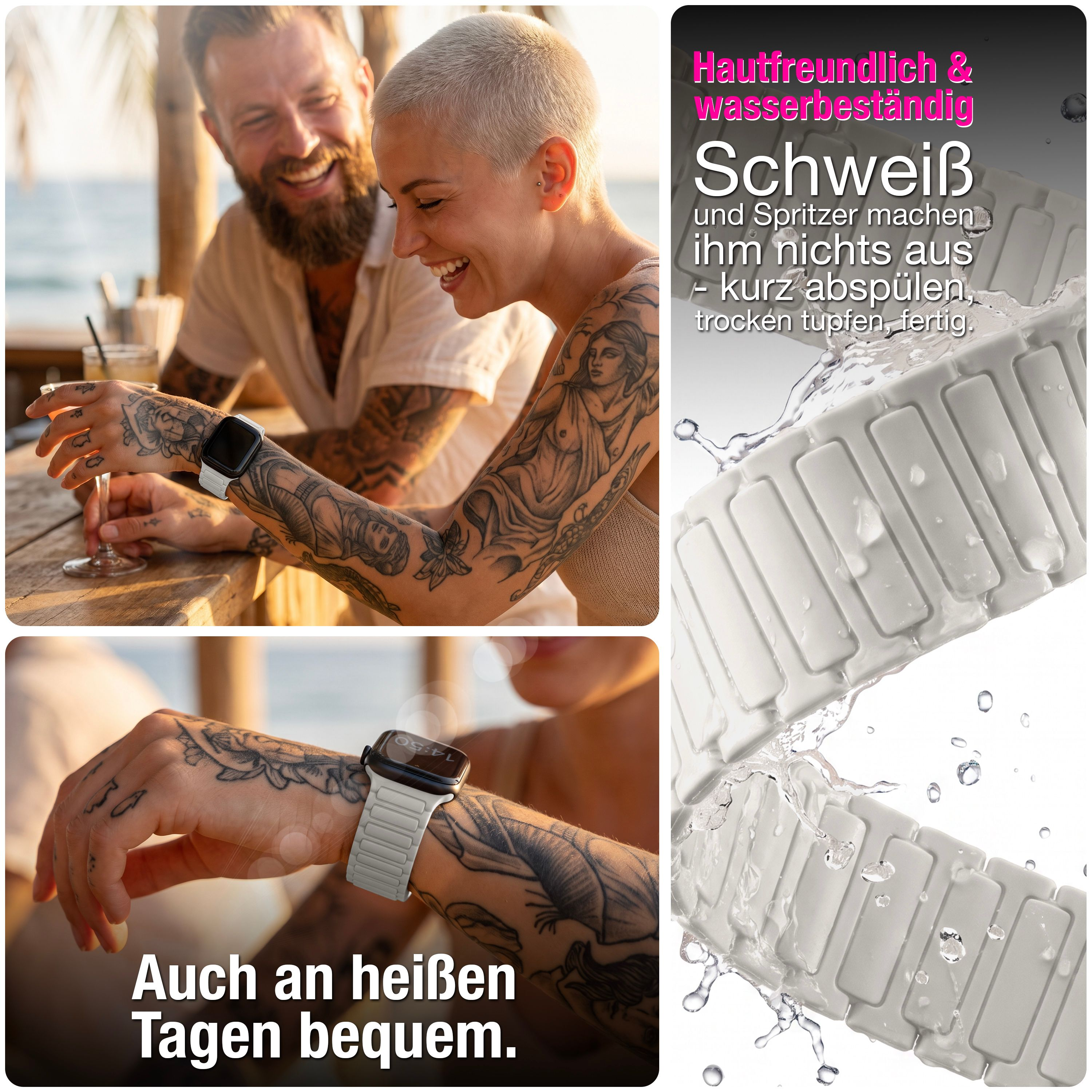 Wasserdichtes graues Smartwatch-Armband, getragen von einer tätowierten Frau an einem Strand.