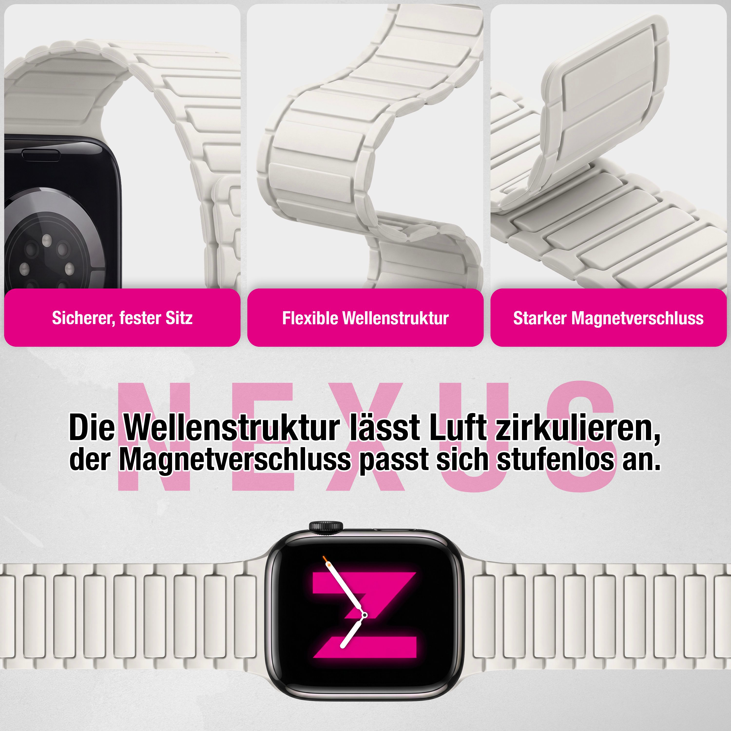 Weißes Smartwatch-Armband mit Wellenstruktur und starkem Magnetverschluss in drei Detailaufnahmen und Gesamtansicht.