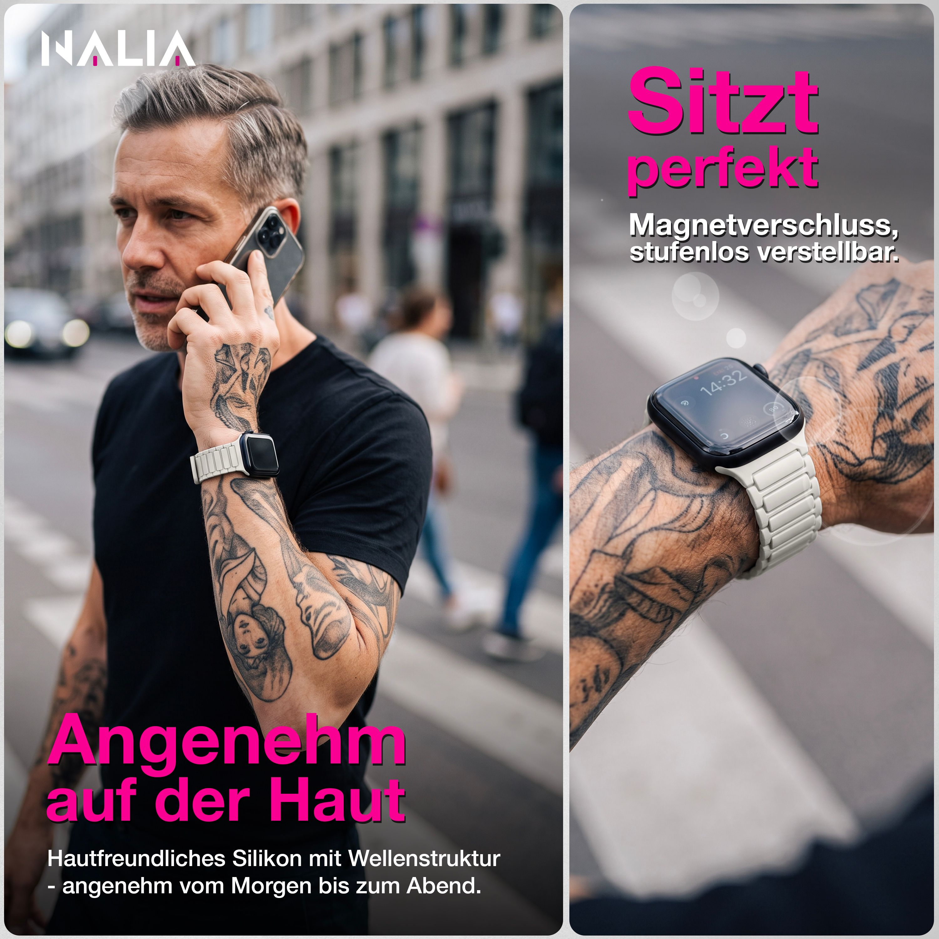 Ein tätowierter Mann telefoniert auf der Straße und trägt eine Smartwatch mit weißem Armband.