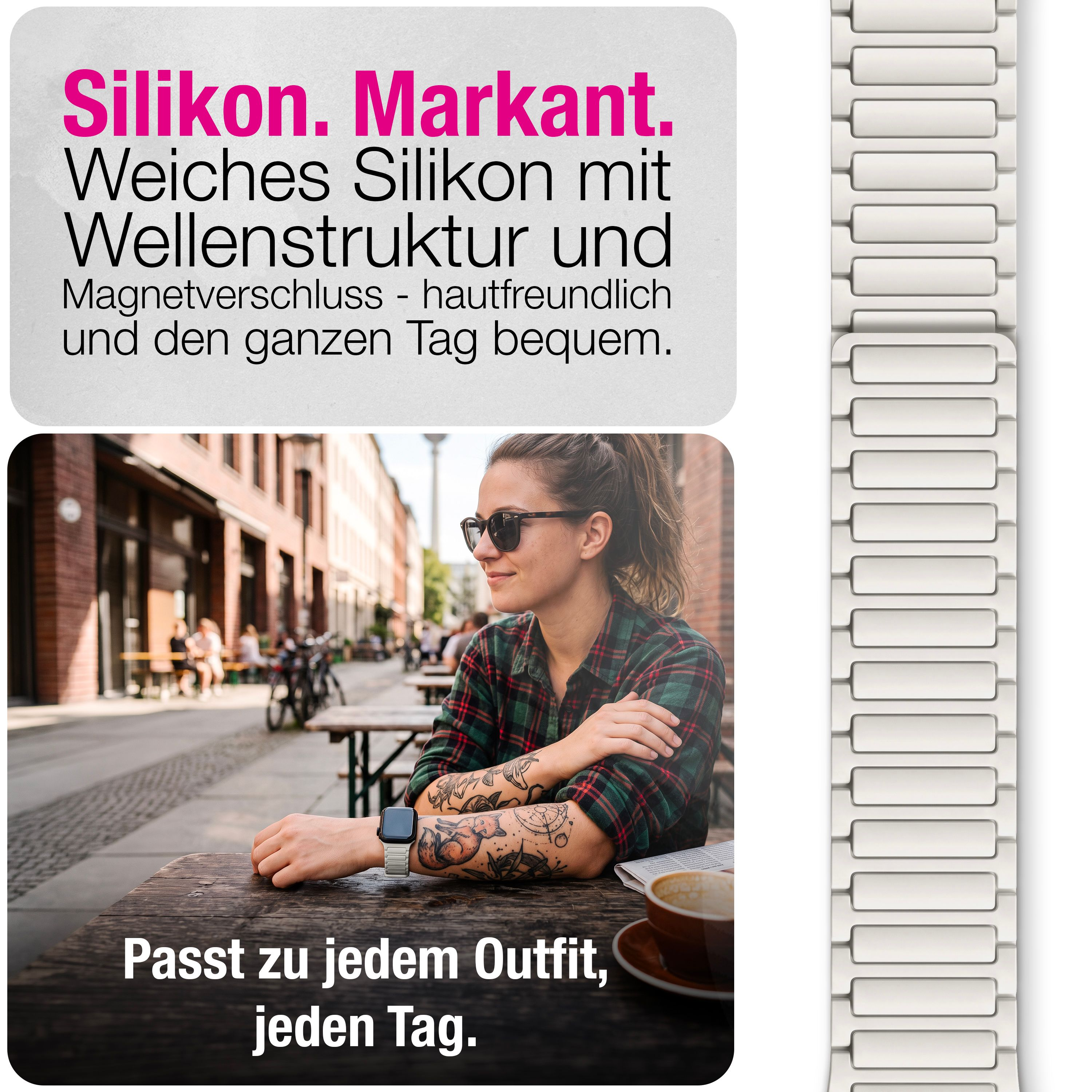 Eine Frau mit Tattoos und Sonnenbrille sitzt in einem Straßencafé mit Smartwatch, daneben Text und ein Armband.