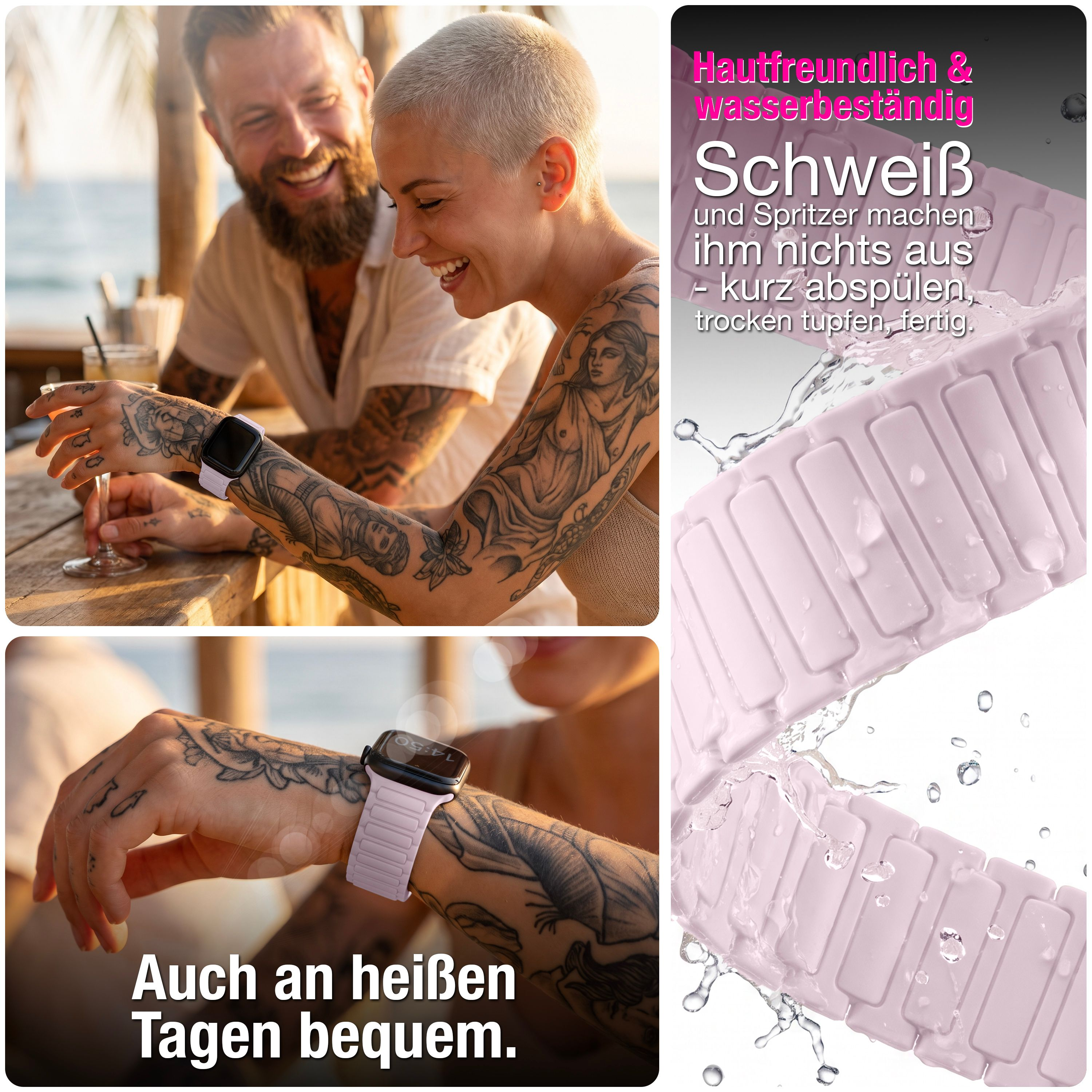 Wasserdichtes, hautfreundliches rosa Uhrenarmband mit einer Frau und einem Mann am Strand.