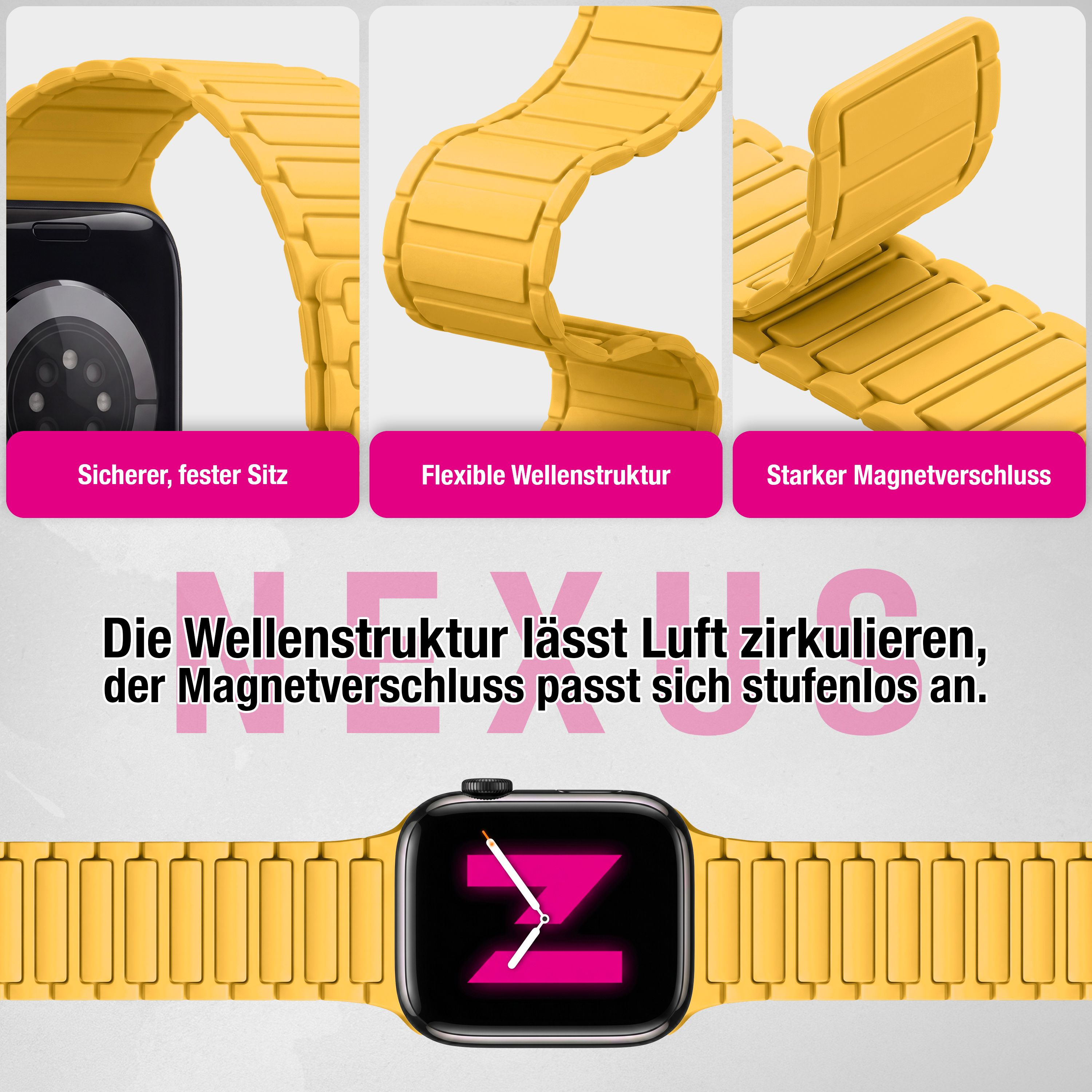 Gelbes Smartwatch-Armband mit Wellenstruktur und starkem Magnetverschluss in vier Detailansichten.