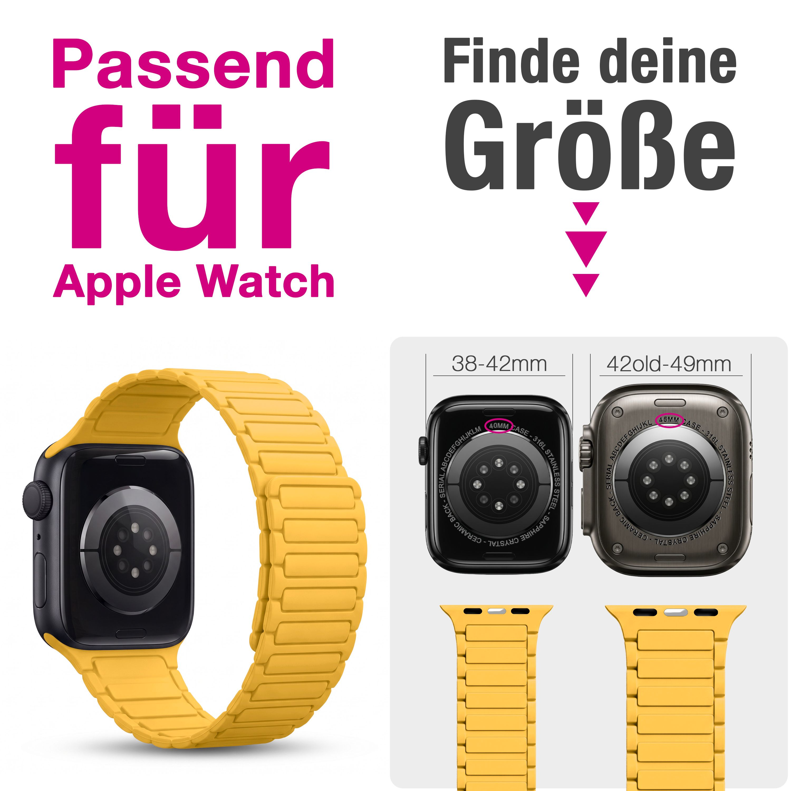 Gelbes Apple Watch Armband mit Größentabelle für 38mm bis 49mm Modelle.