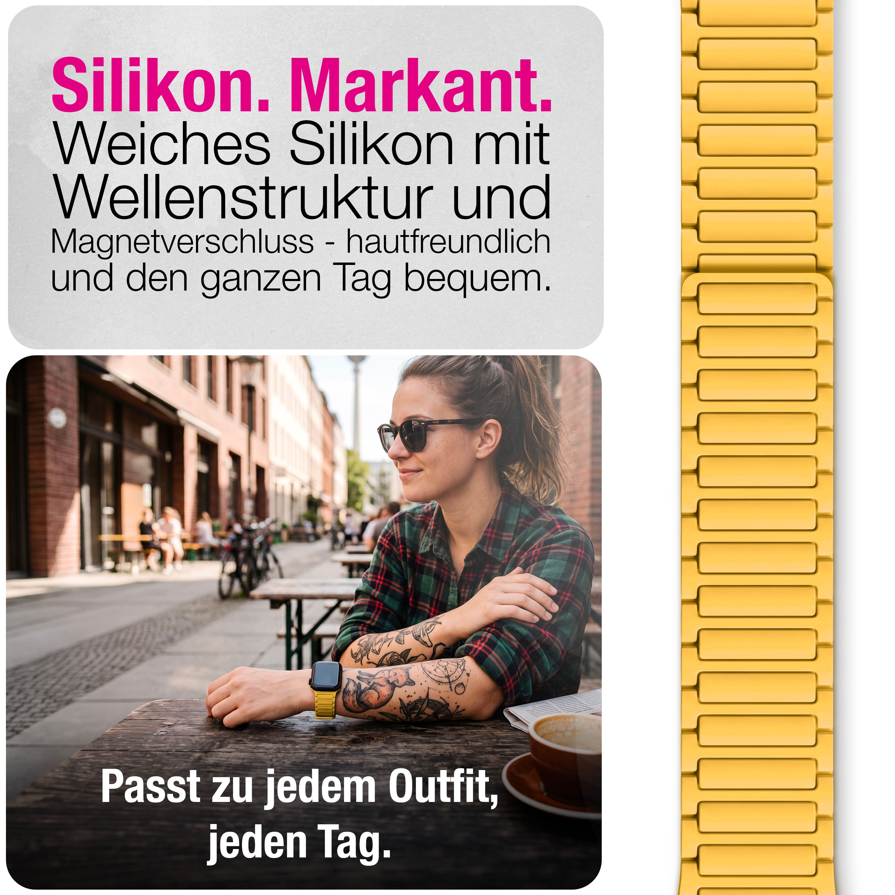 Eine Frau mit Tattoos und Sonnenbrille sitzt an einem Tisch mit gelbem Uhrenarmband und einer Kaffeetasse.