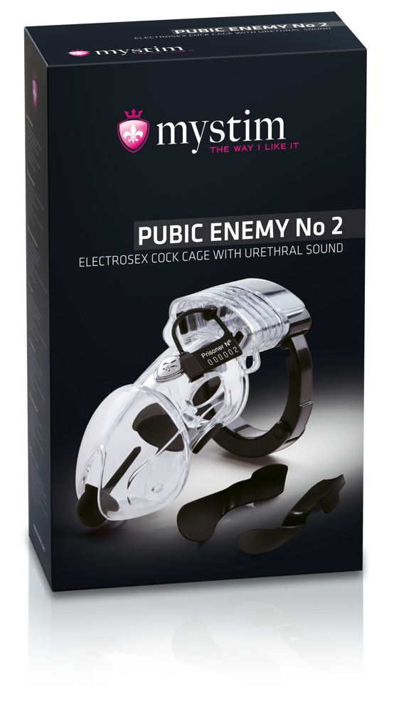 Opakowanie Mystim Public Enemy No 2, klatki cnoty z kłódką do elektro-seksu.