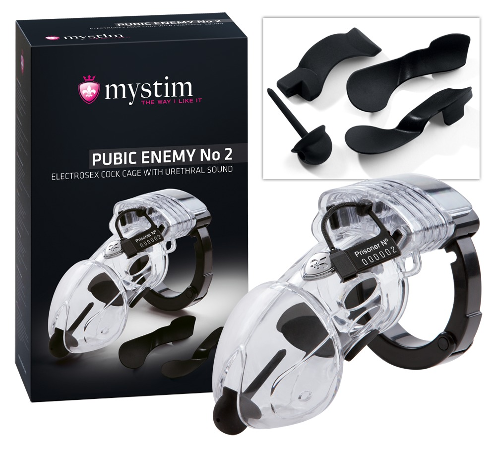 Klatka cnoty Mystim Pubic Enemy No 2 z akcesoriami pokazywanymi na opakowaniu i osobno.