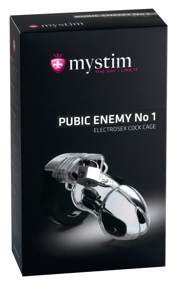 Czarne pudełko produktu z napisem Mystim i Pubic Enemy No 1, przedstawiające przezroczystą klatkę cnoty.