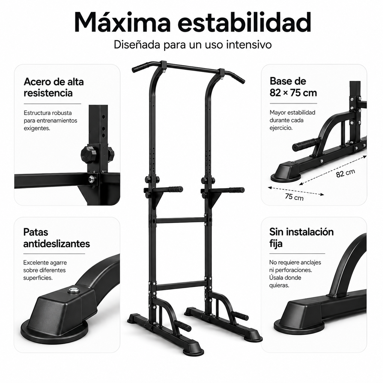 Estación de dominadas negra con detalles de estructura de acero, patas antideslizantes y medidas.