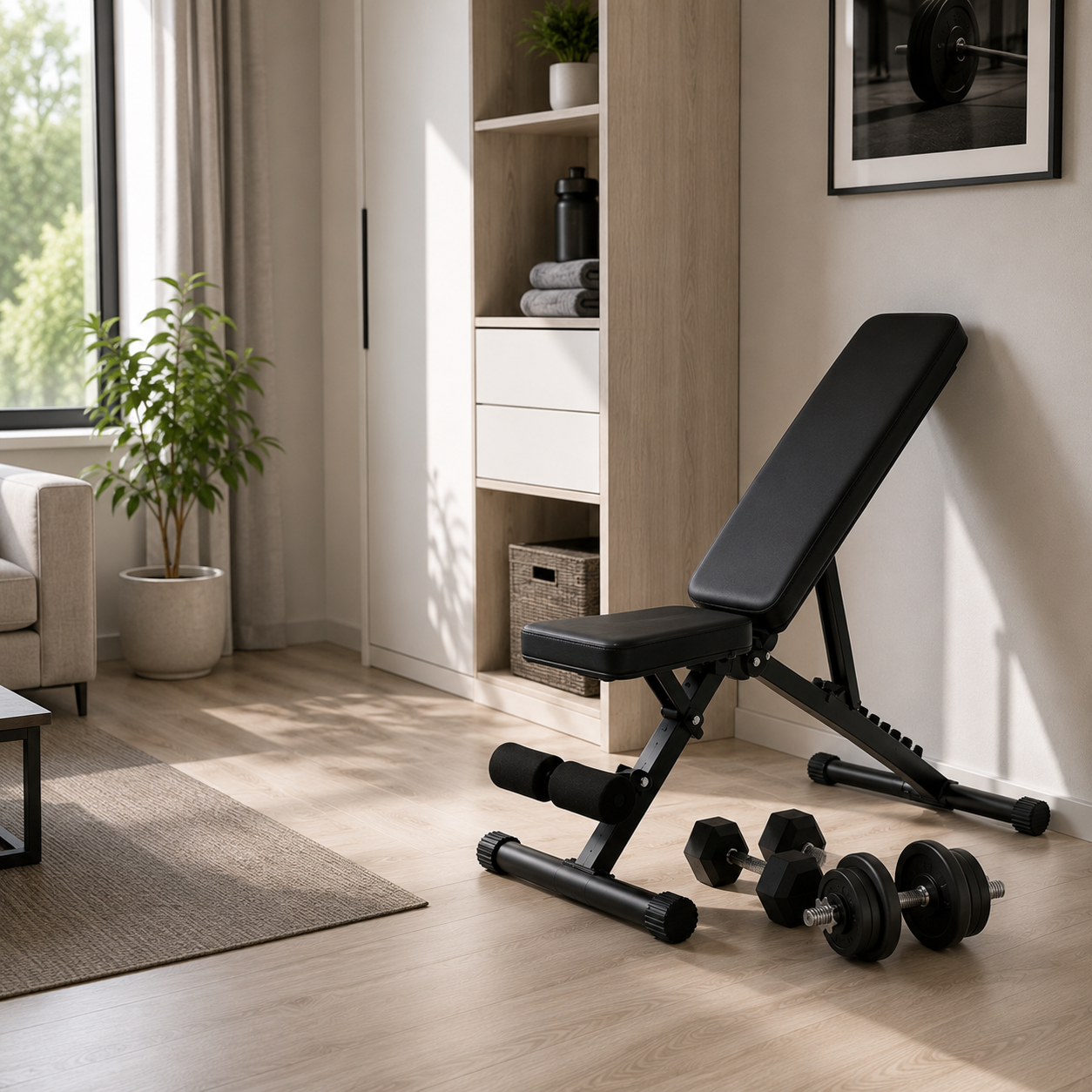 Un banco de entrenamiento negro ajustable en un suelo de madera con dos mancuernas al lado en una habitación luminosa.