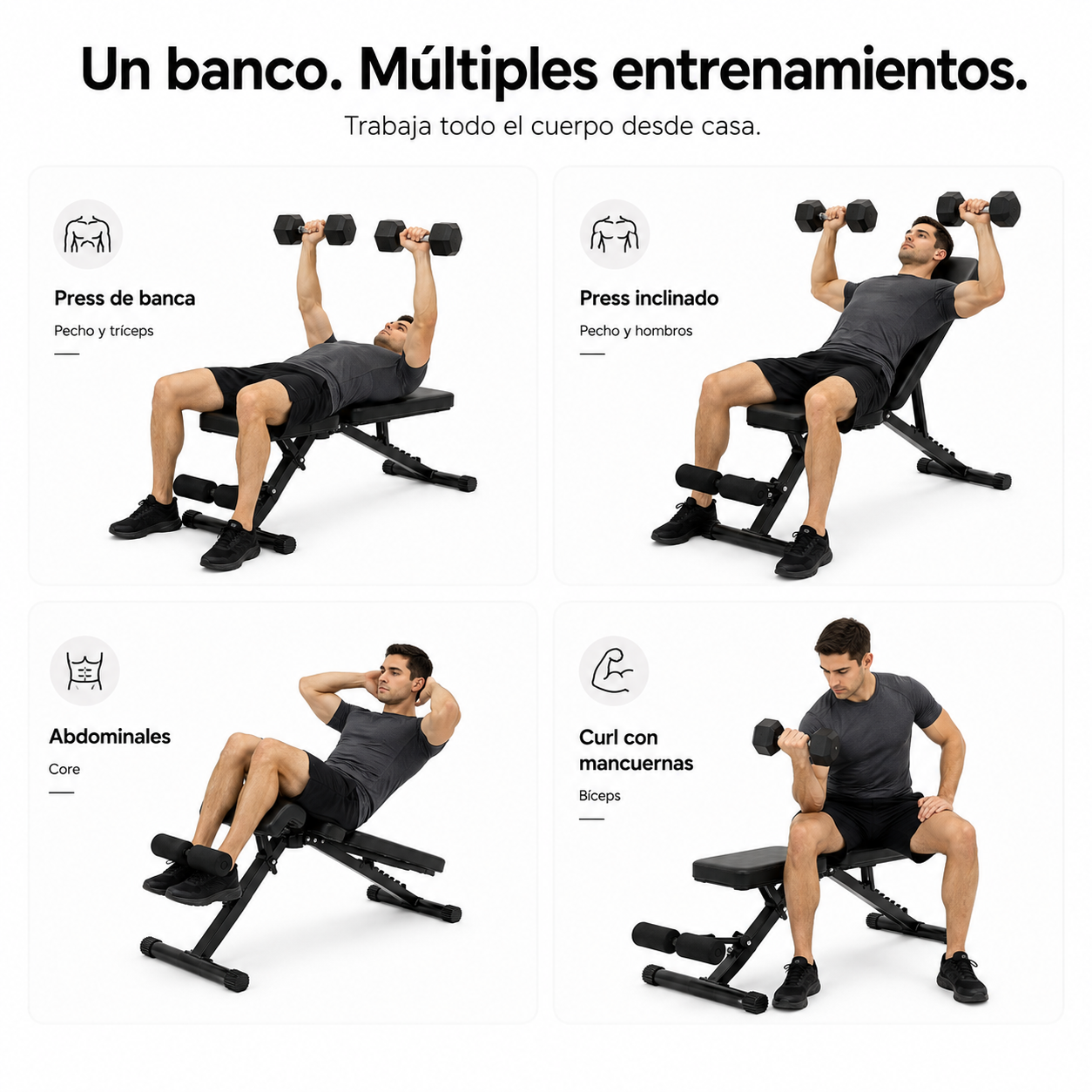 Guía de fitness de cuatro paneles con un hombre haciendo ejercicio en un banco con mancuernas.