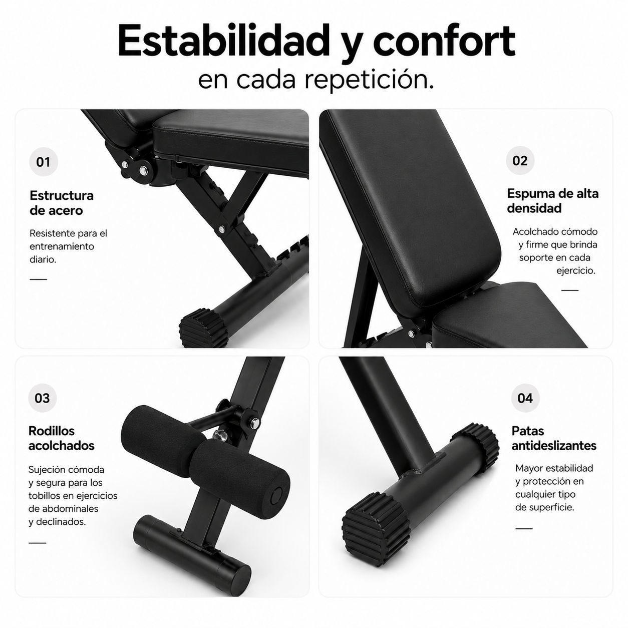 Cuatro paneles detallan características de un banco de ejercicio: estructura de acero, espuma, rodillos y patas.