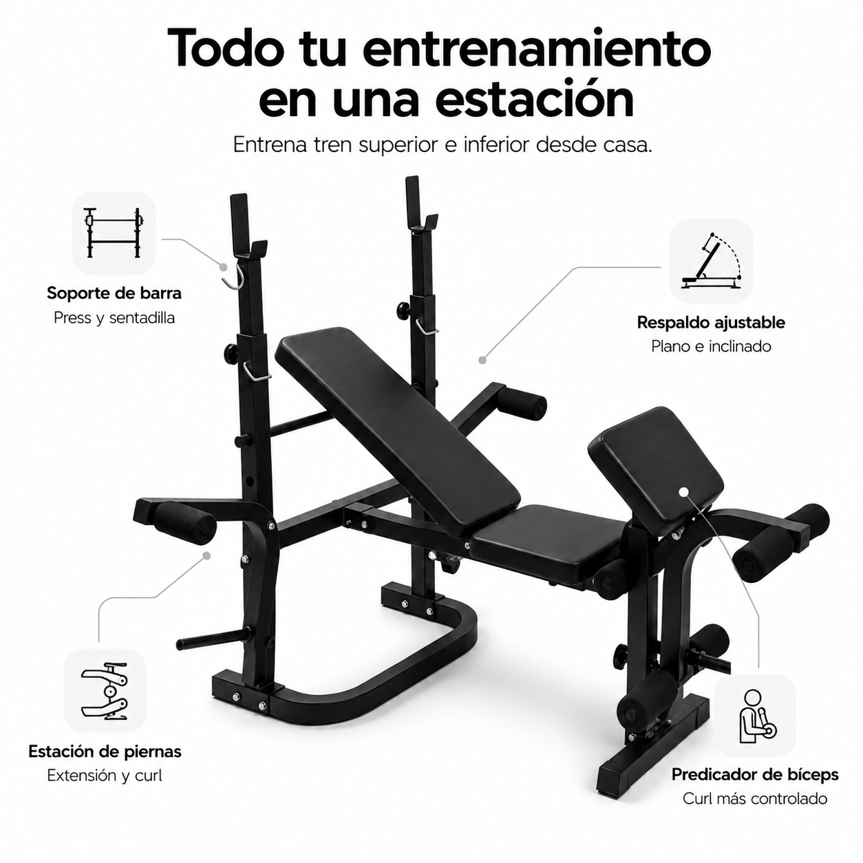 Un banco de pesas multifunción negro con respaldo ajustable, estación de piernas y soportes para barra.