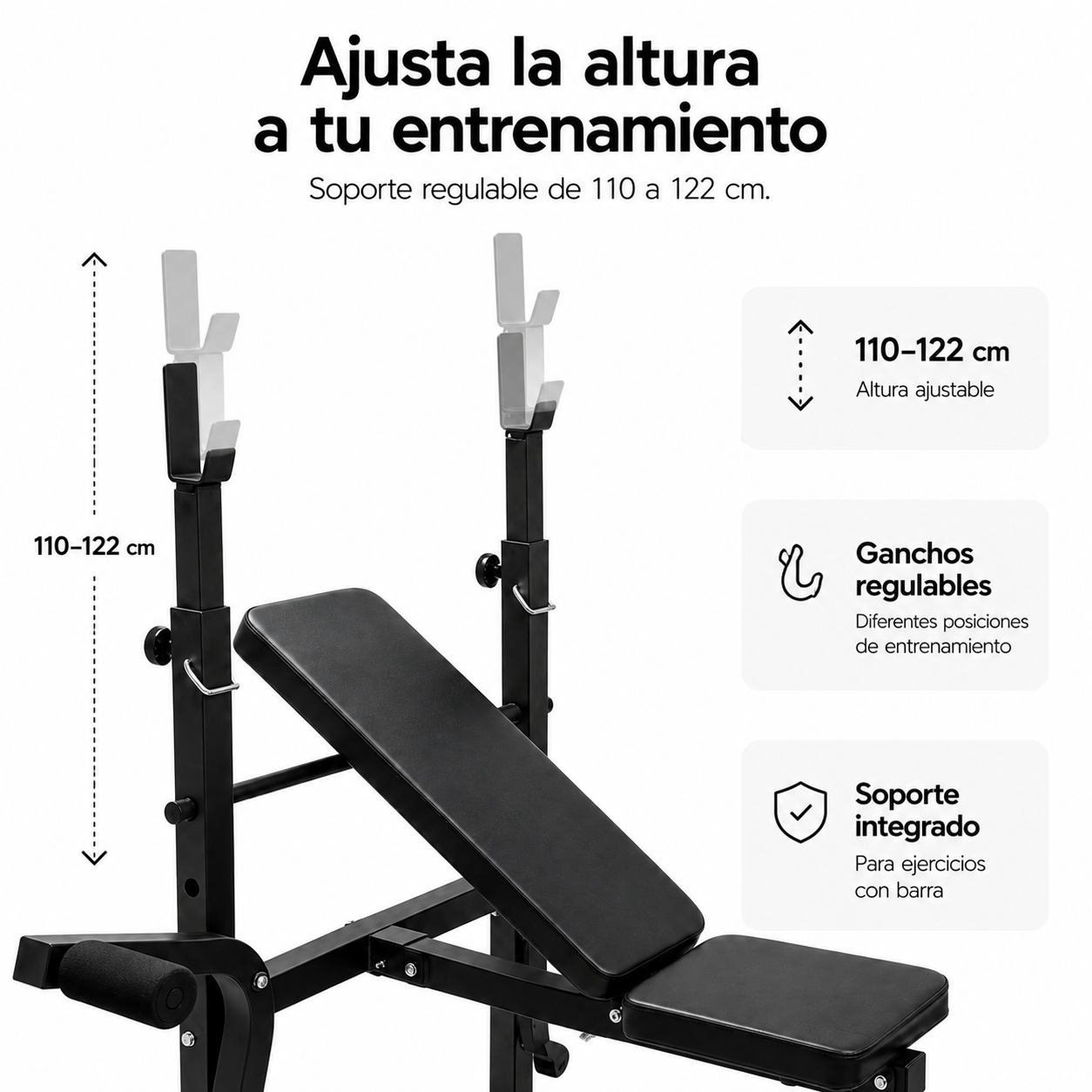 Banco de pesas ajustable con soportes de altura regulable de 110-122 cm y ganchos integrados.