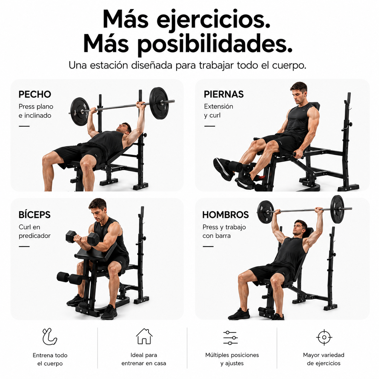 Gráfico de fitness muestra a un hombre entrenando pecho, piernas, bíceps y hombros en un banco multifunción.