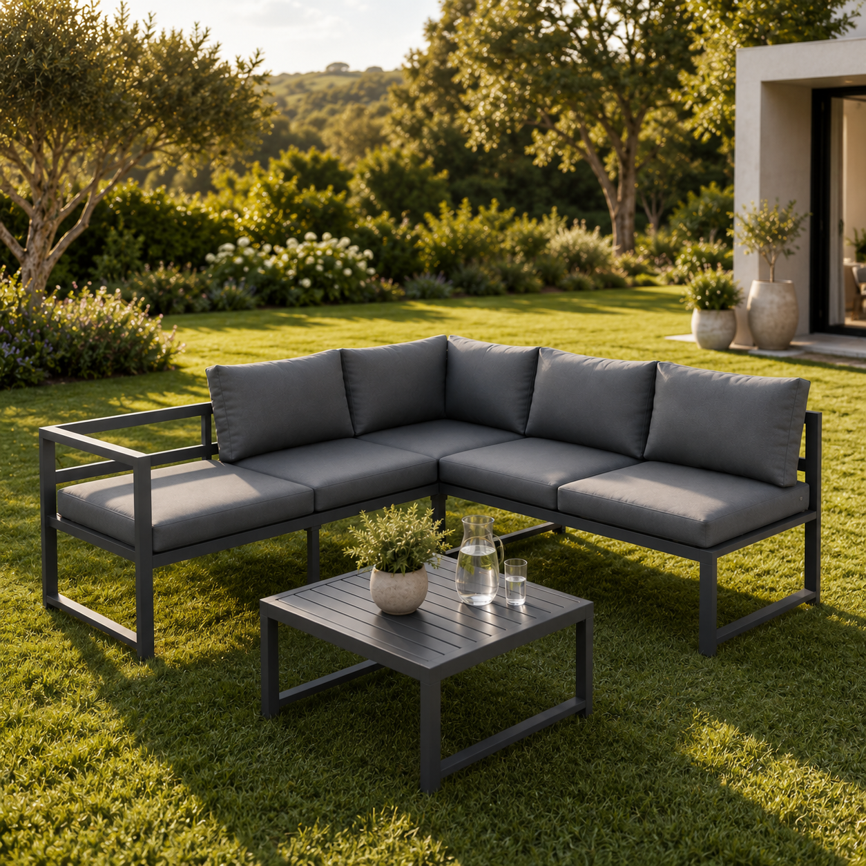 Un sofá modular gris moderno y una mesa de centro a juego sobre un césped verde en un jardín soleado.