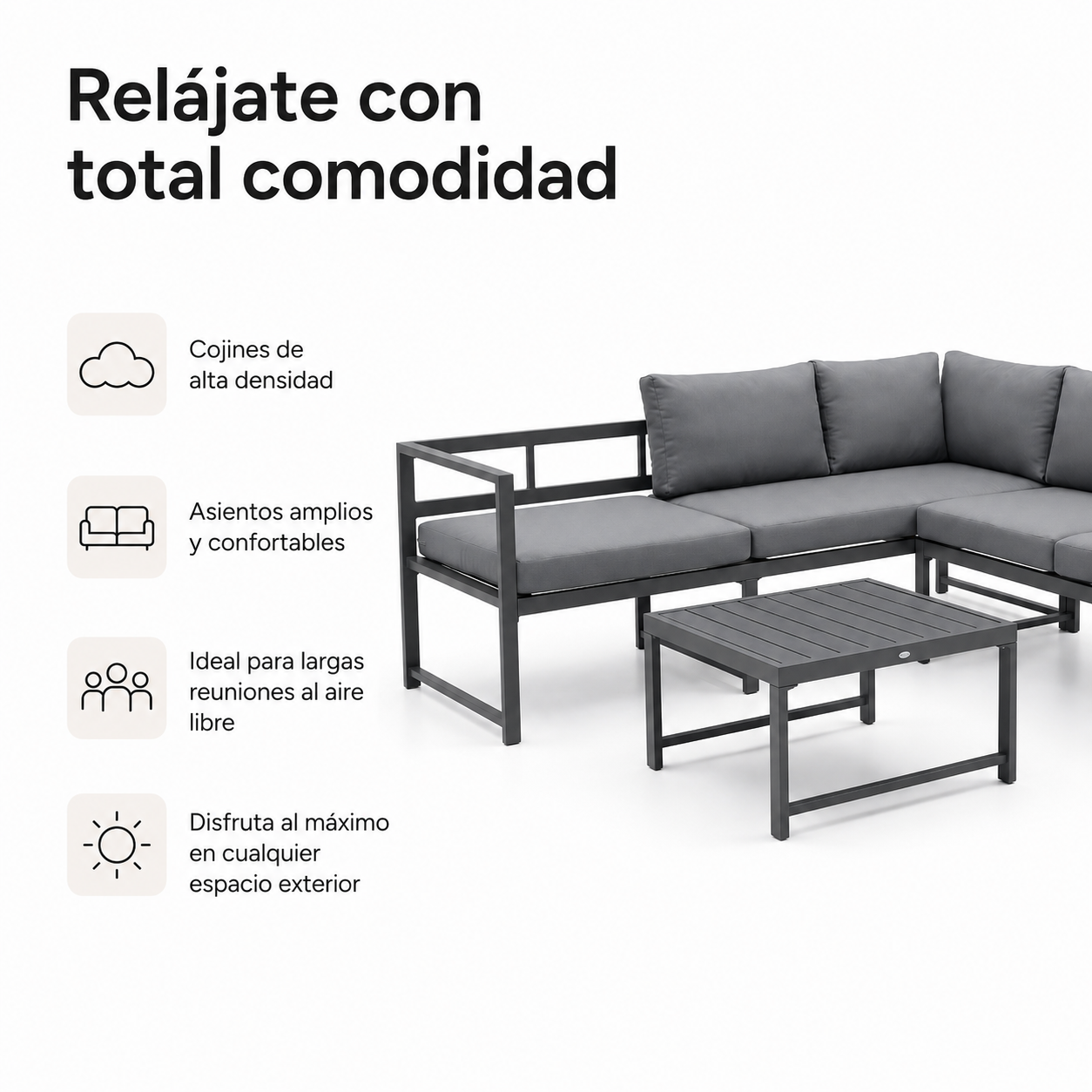 Conjunto de sofá de exterior gris con mesa de centro a juego e iconos sobre fondo blanco.